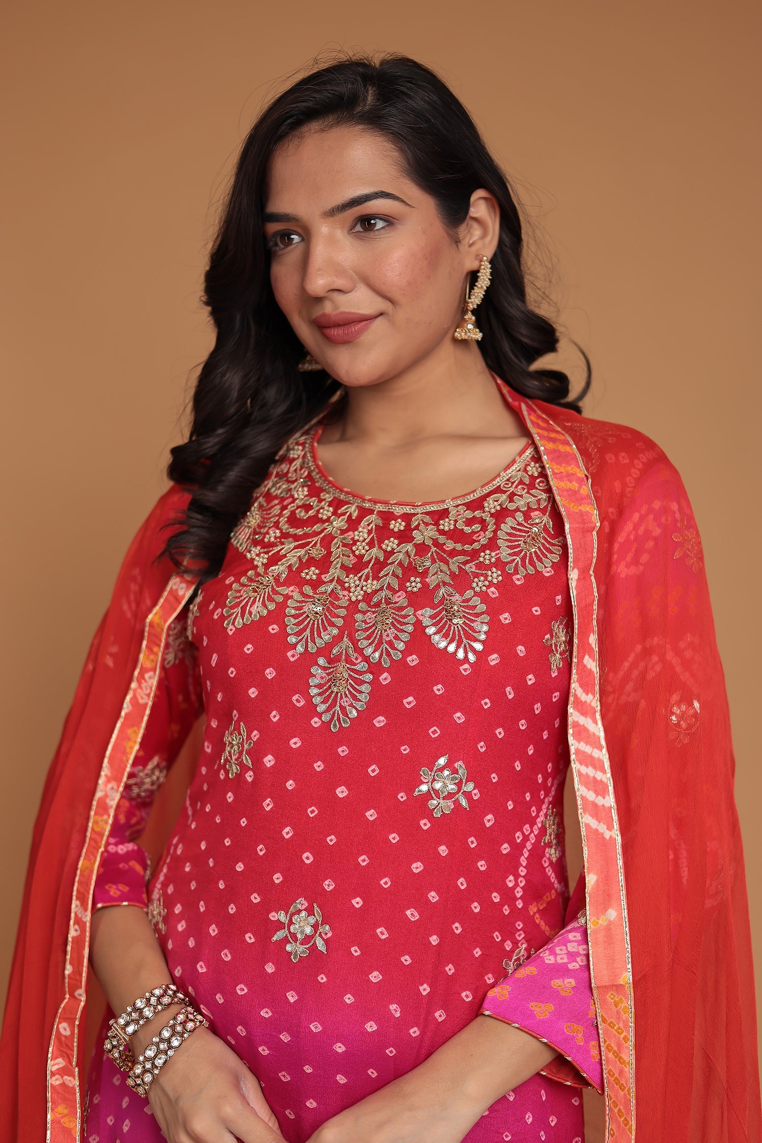 Bandhej Chinon Georgette Suit with Gota Patti, Pearl and Zardozi work