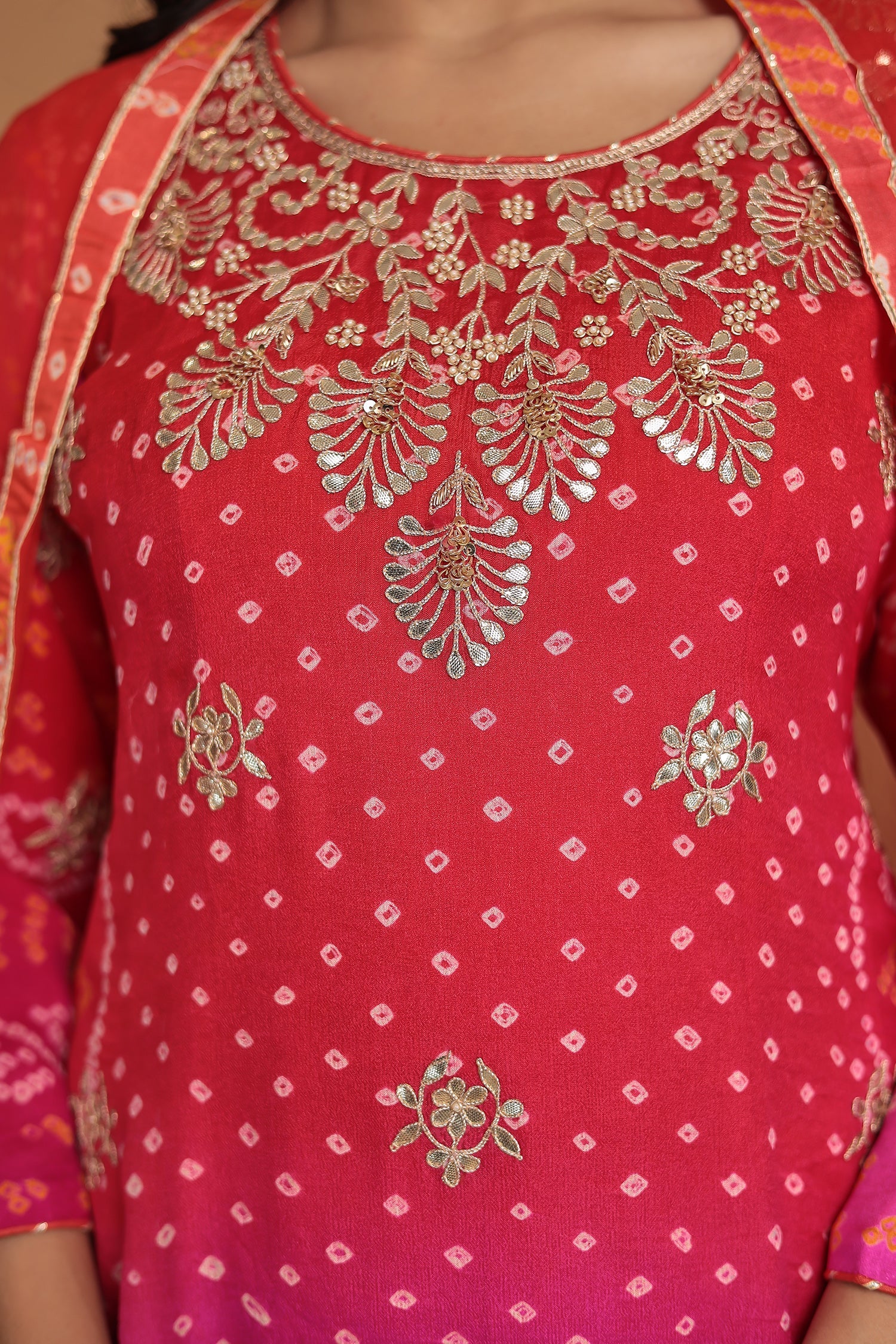 Bandhej Chinon Georgette Suit with Gota Patti, Pearl and Zardozi work