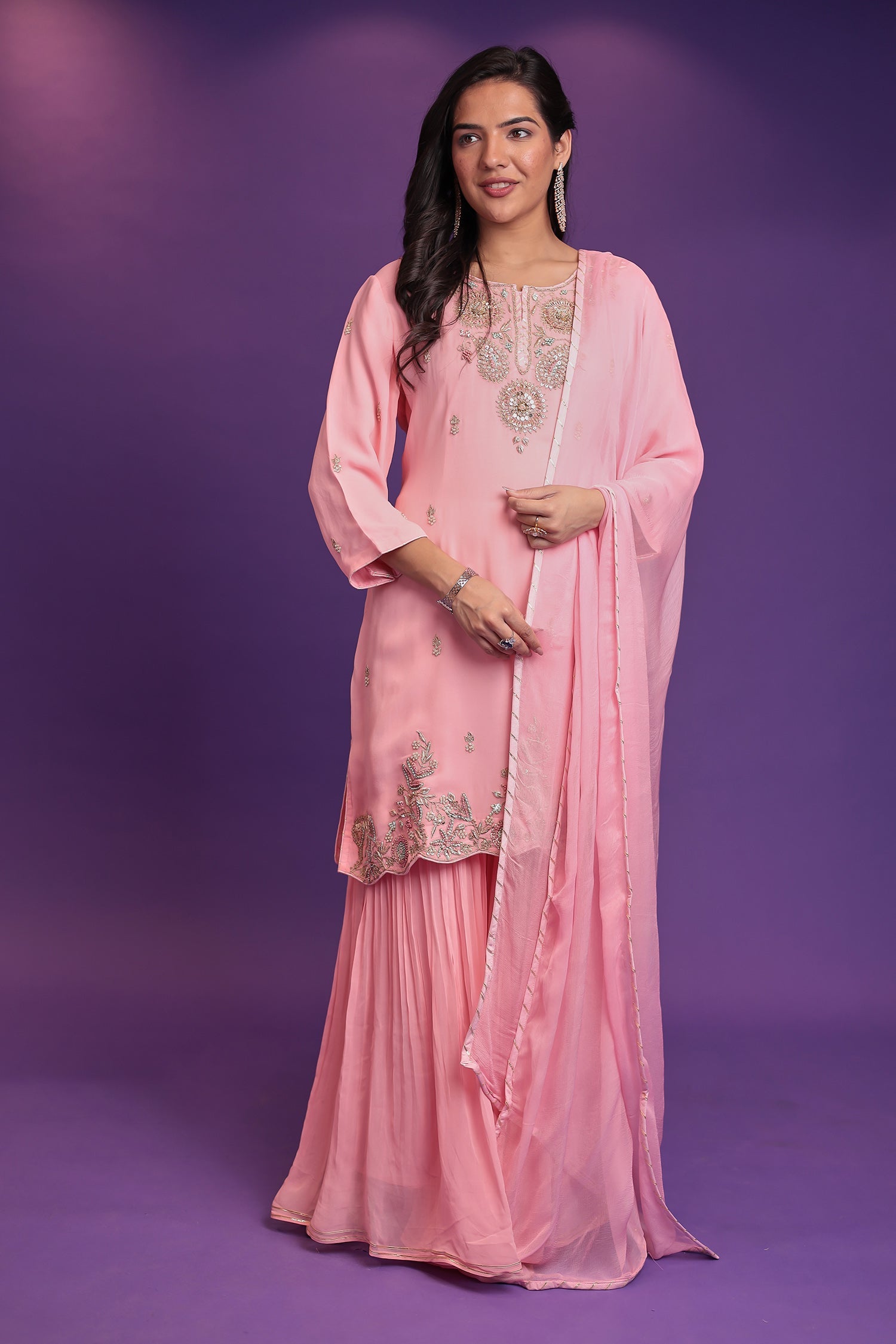 Georgette Sharara Suit with  Pearl, Thread and Zardozi work