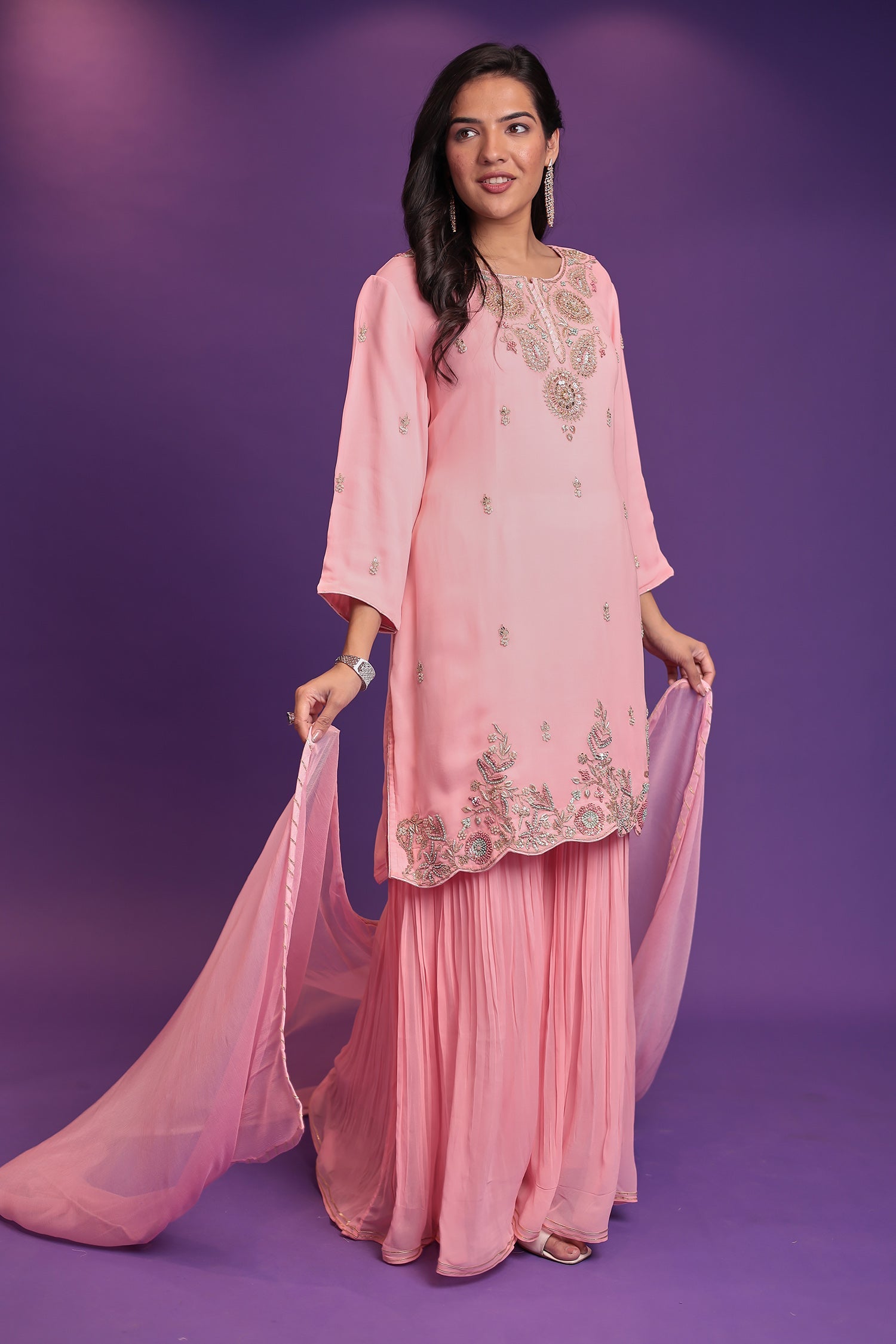 Georgette Sharara Suit with  Pearl, Thread and Zardozi work