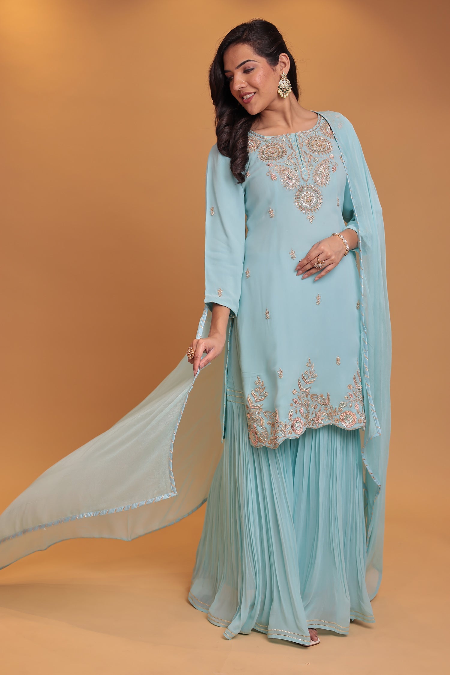 Georgette Sharara Suit with  Pearl, Thread and Zardozi work