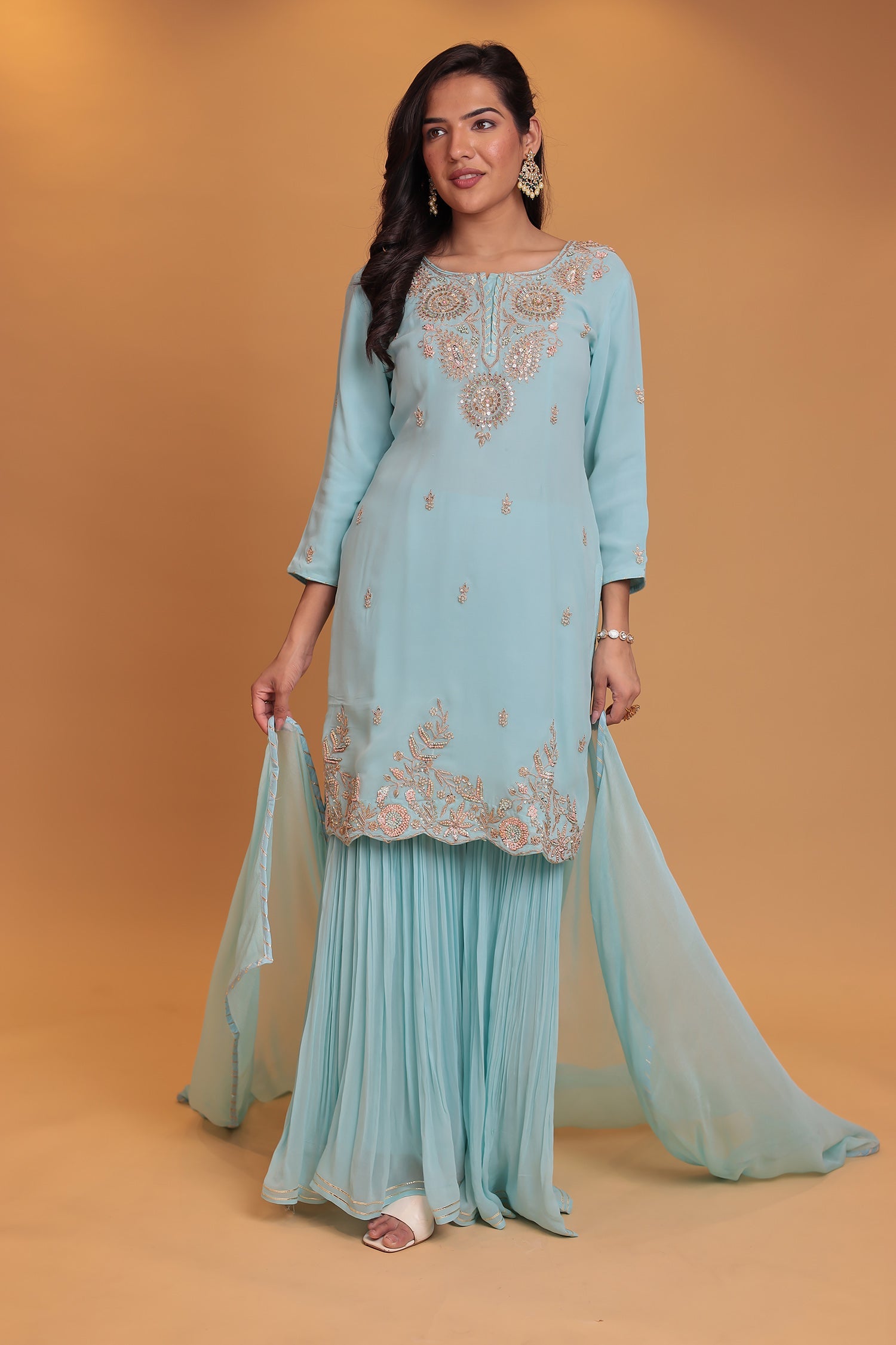 Georgette Sharara Suit with  Pearl, Thread and Zardozi work