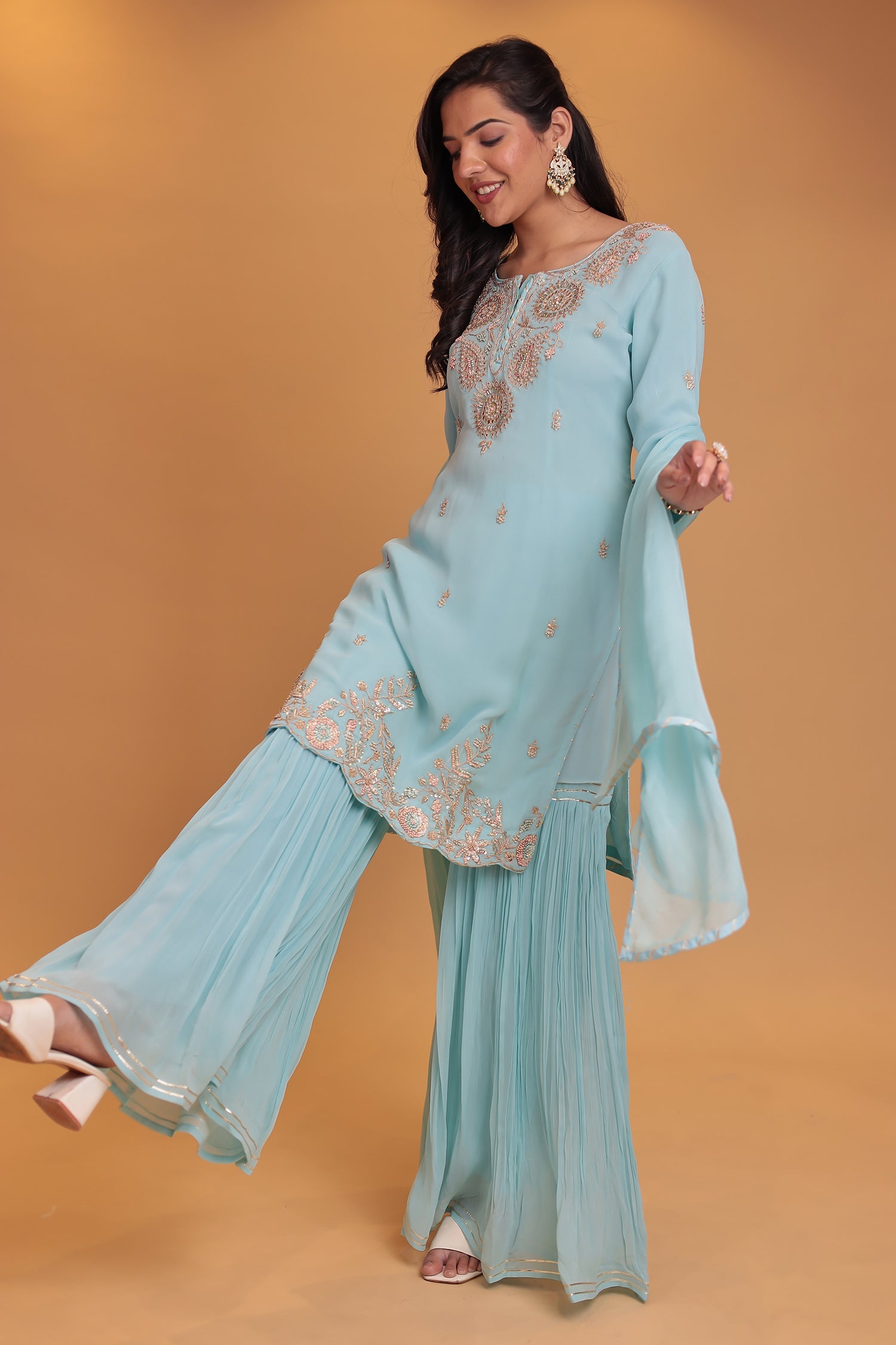Georgette Sharara Suit with  Pearl, Thread and Zardozi work