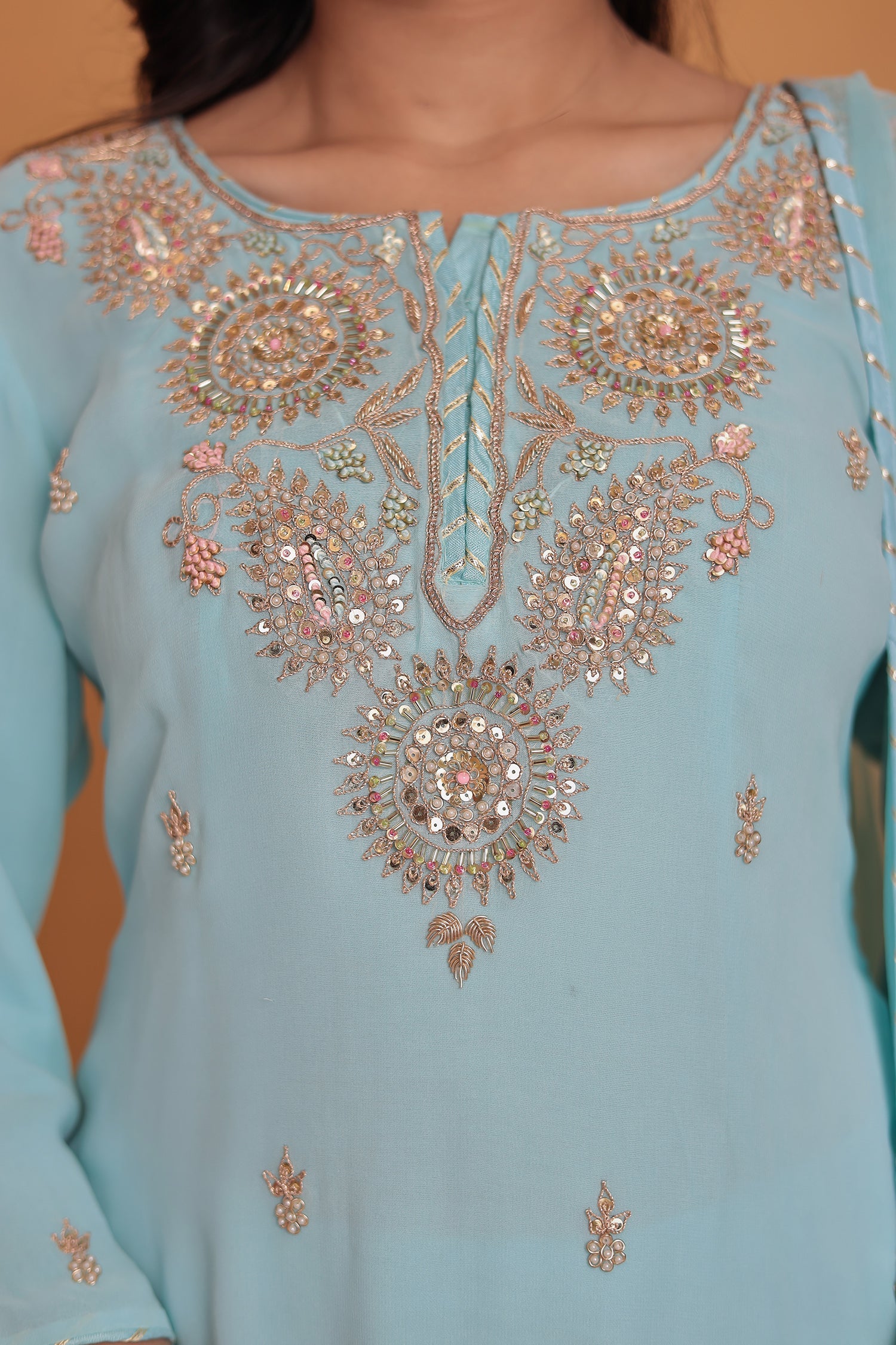 Georgette Sharara Suit with  Pearl, Thread and Zardozi work