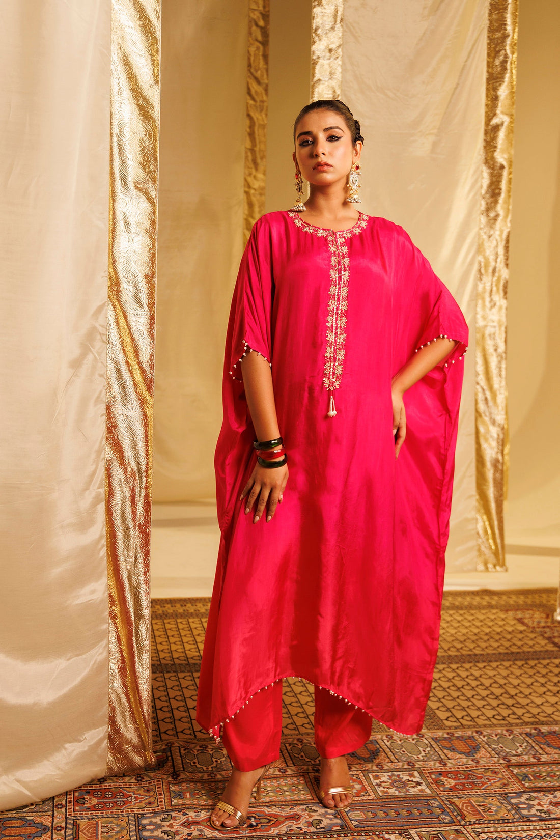 Silk Kaftan Suit with Pearl, Sequins and Thread work