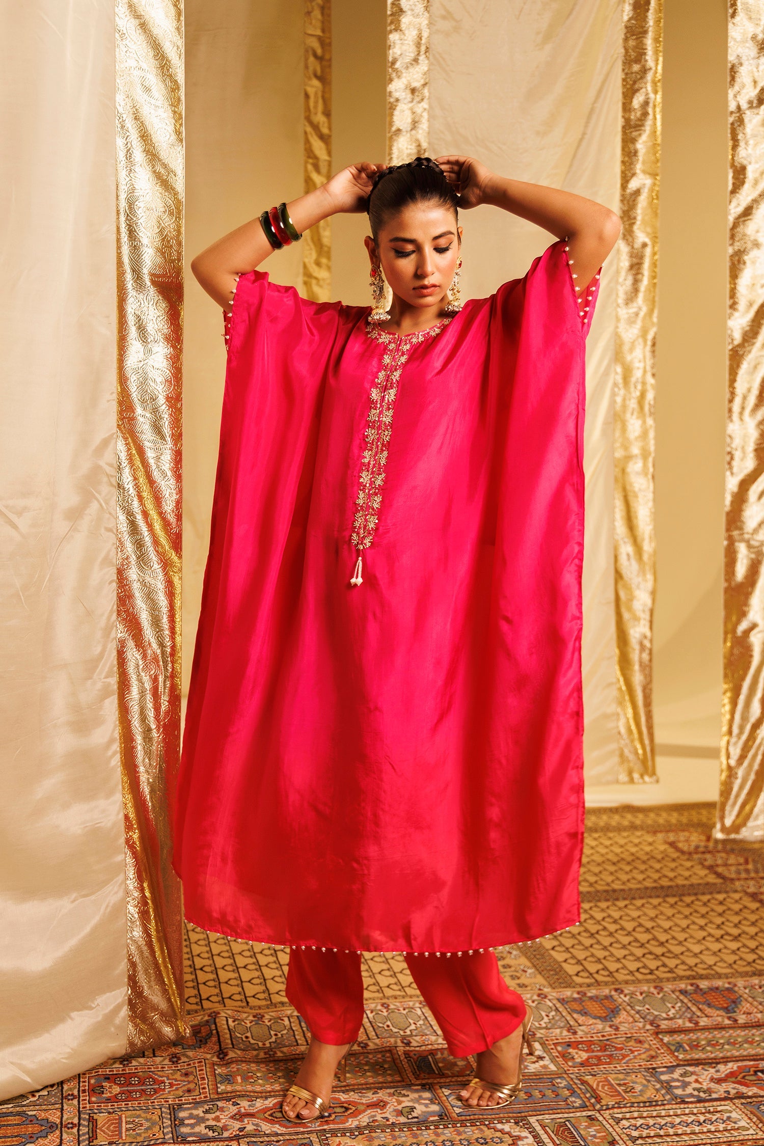 Silk Kaftan Suit with Pearl, Sequins and Thread work