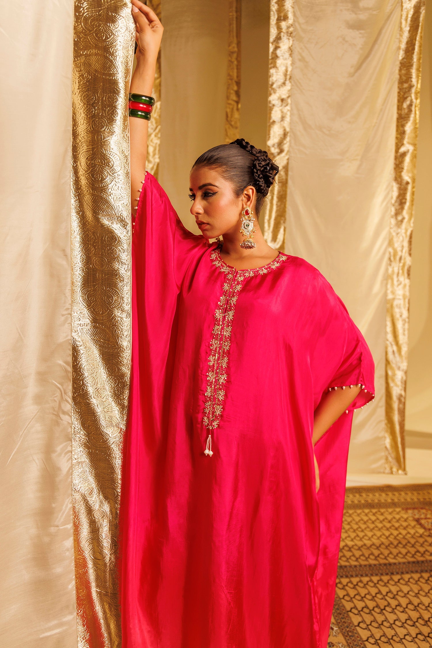 Silk Kaftan Suit with Pearl, Sequins and Thread work