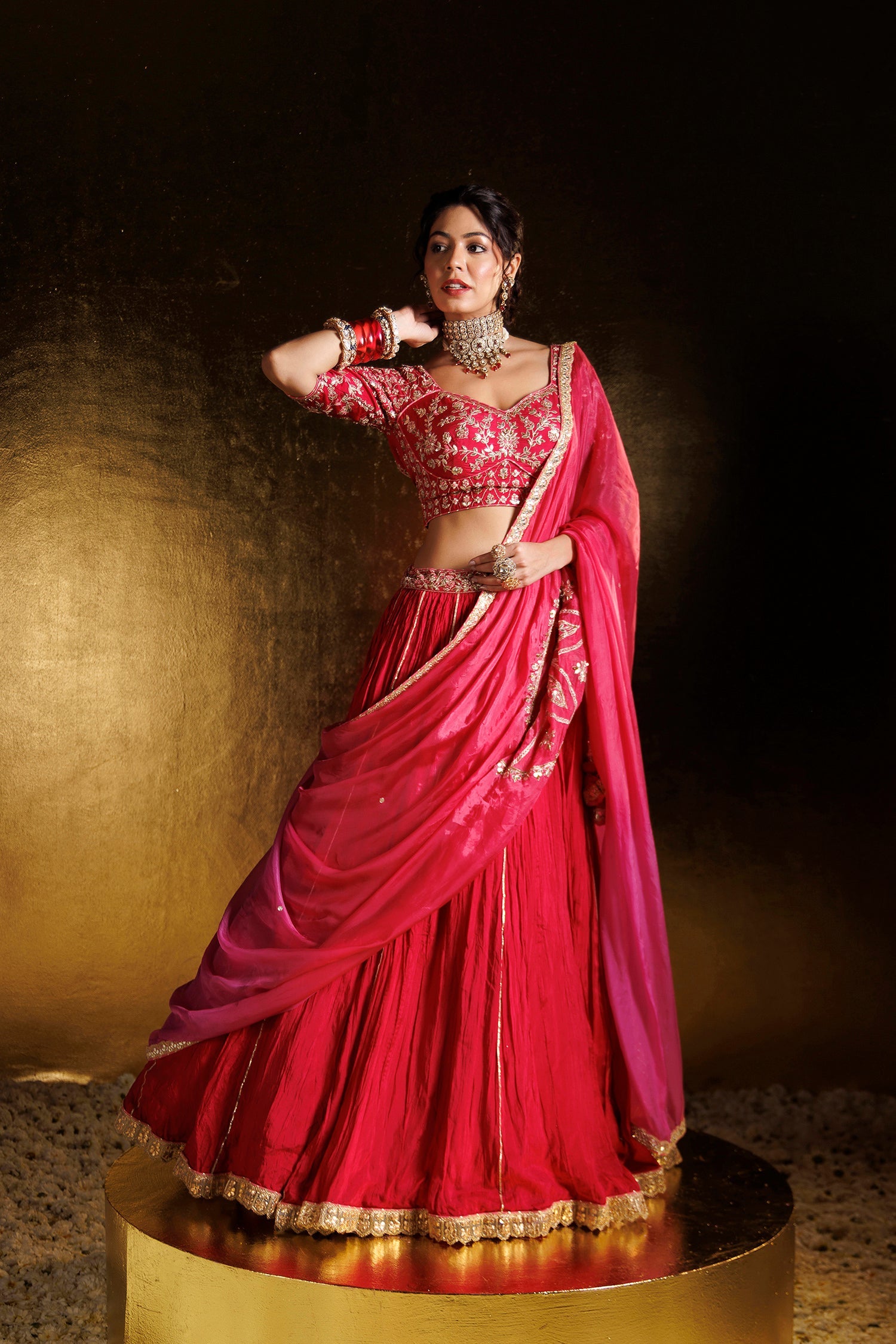 Crushed Silk Lehenga with Gota Patti, Pearl and Zardozi work