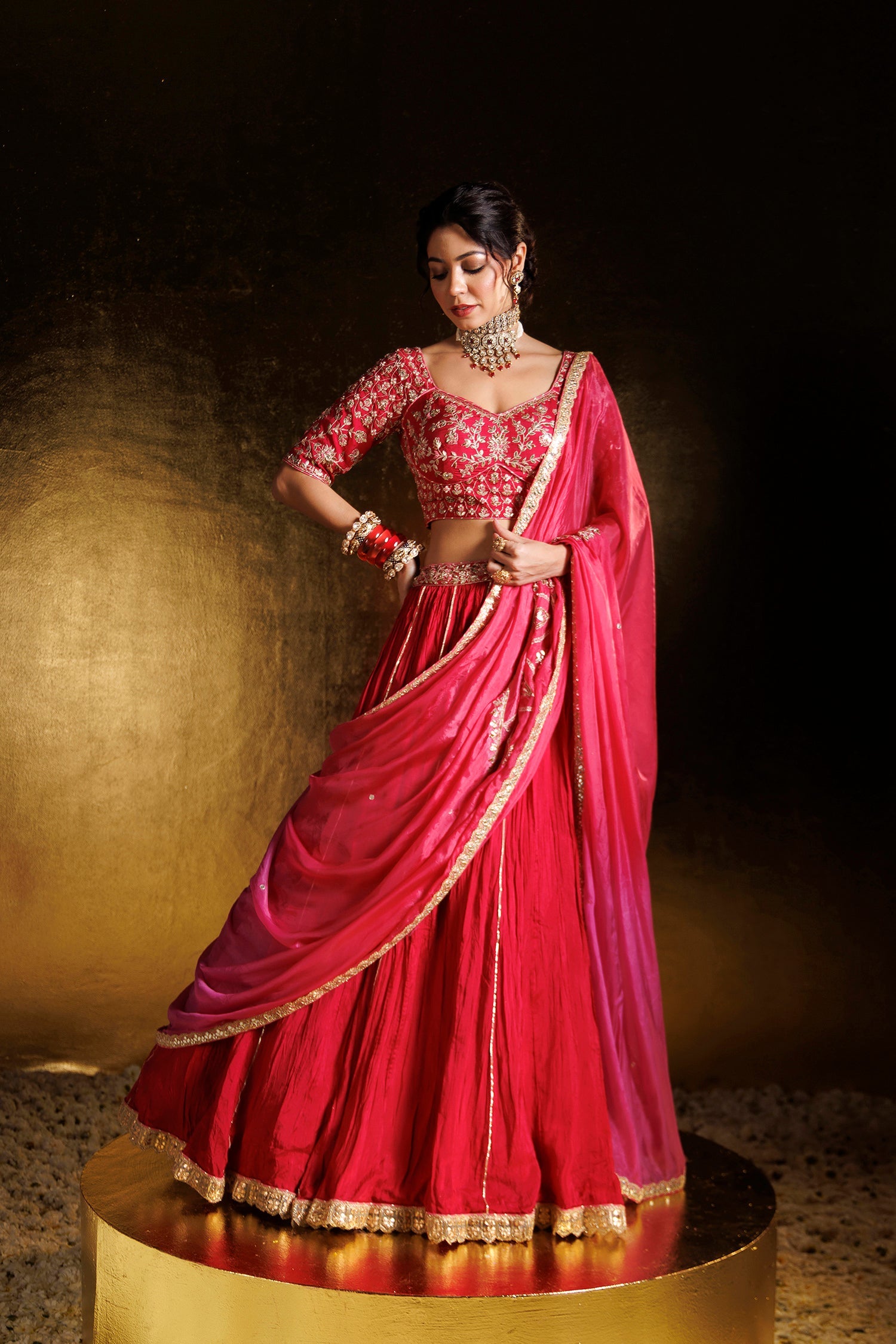 Crushed Silk Lehenga with Gota Patti, Pearl and Zardozi work