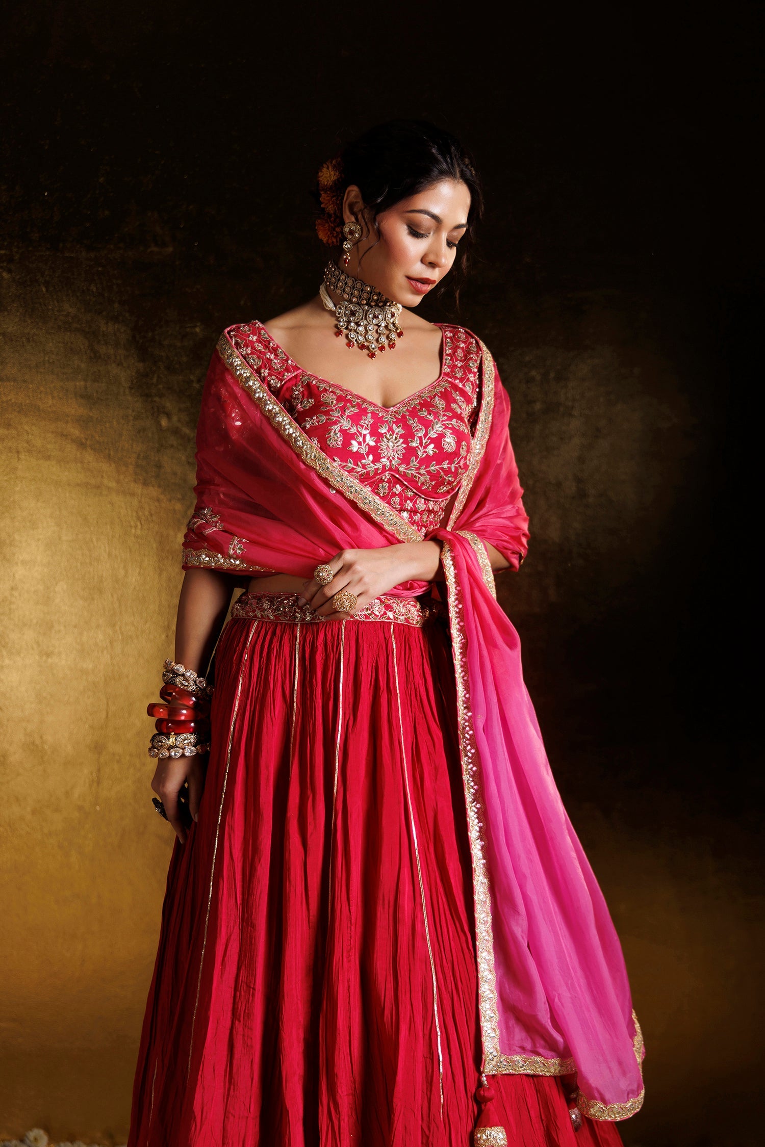 Crushed Silk Lehenga with Gota Patti, Pearl and Zardozi work