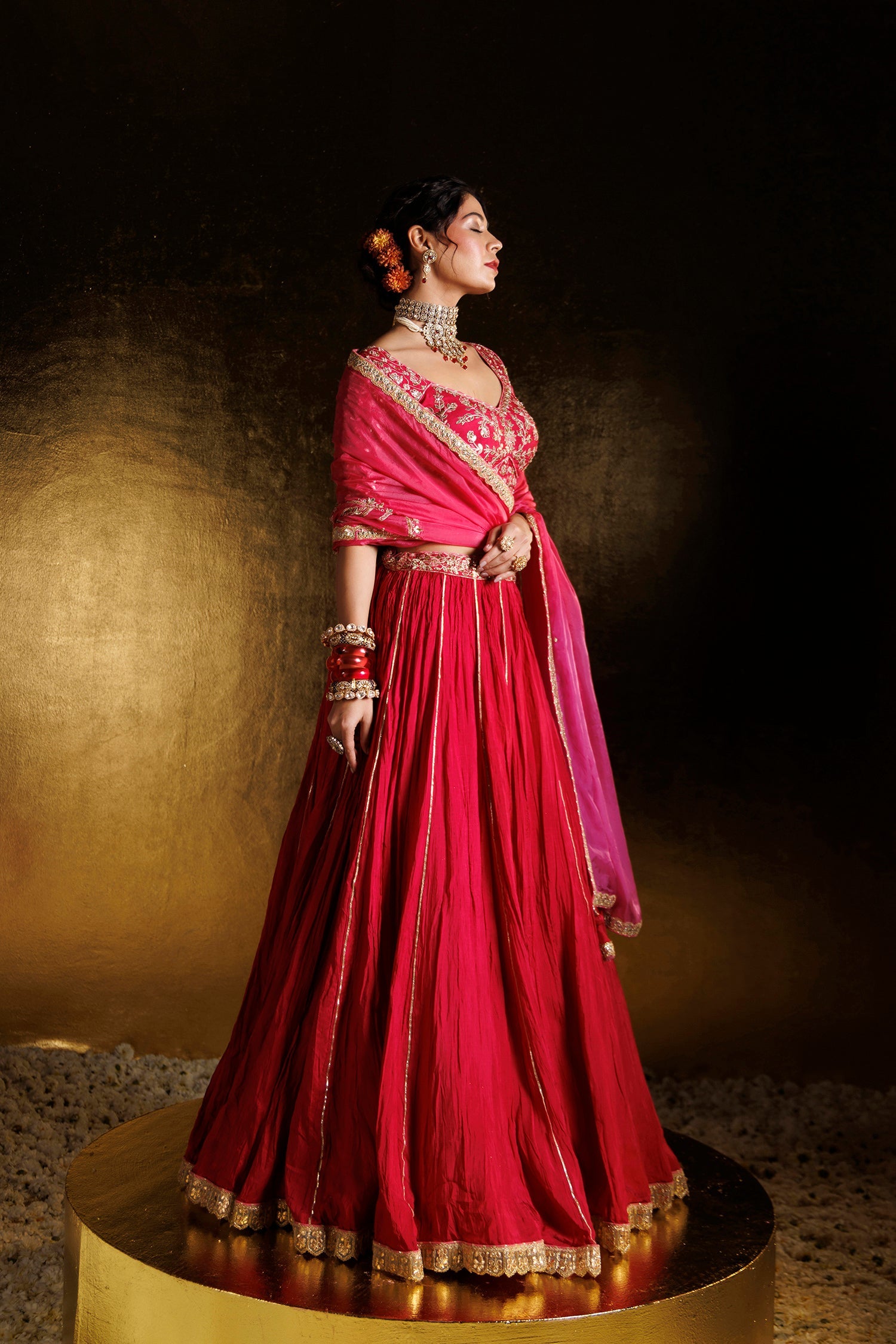 Crushed Silk Lehenga with Gota Patti, Pearl and Zardozi work