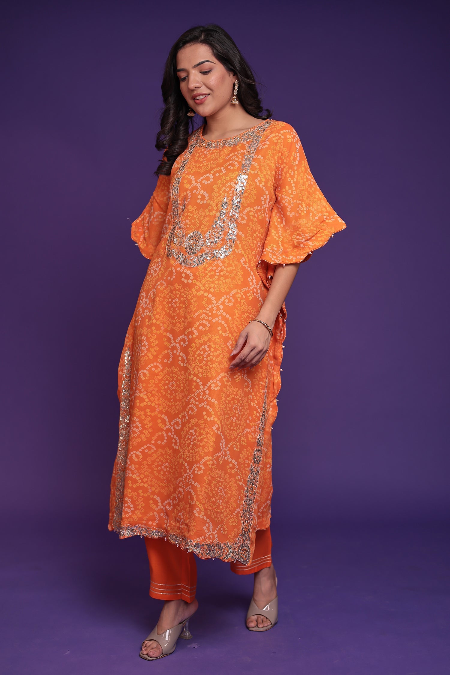 Bandhej Georgette Kaftan Suit with Gota Patti, Thread and Zardozi work