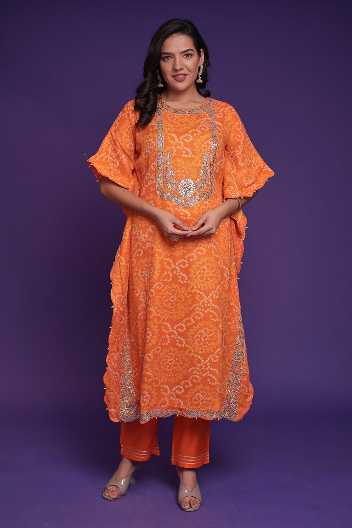 Bandhej Georgette Kaftan Suit with Gota Patti, Thread and Zardozi work