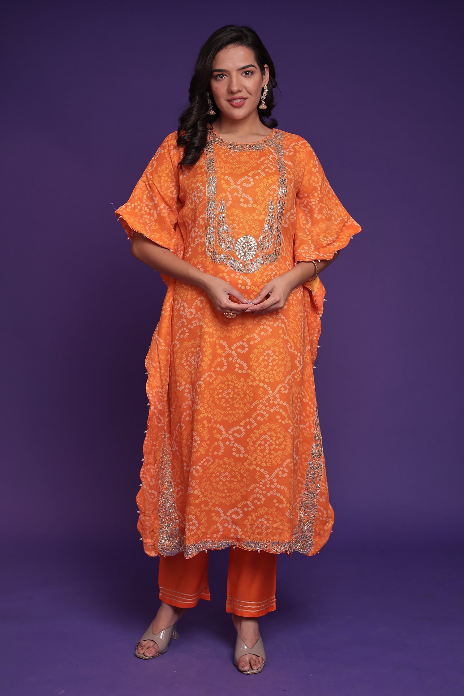 Bandhej Georgette Kaftan Suit with Gota Patti, Thread and Zardozi work