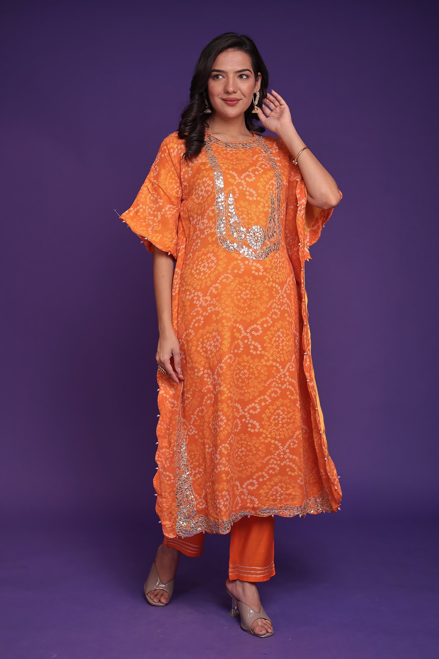 Bandhej Georgette Kaftan Suit with Gota Patti, Thread and Zardozi work