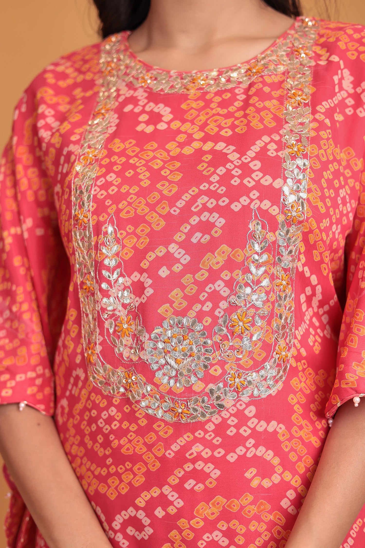 Bandhej Georgette Kaftan Suit with Gota Patti, Thread and Zardozi work