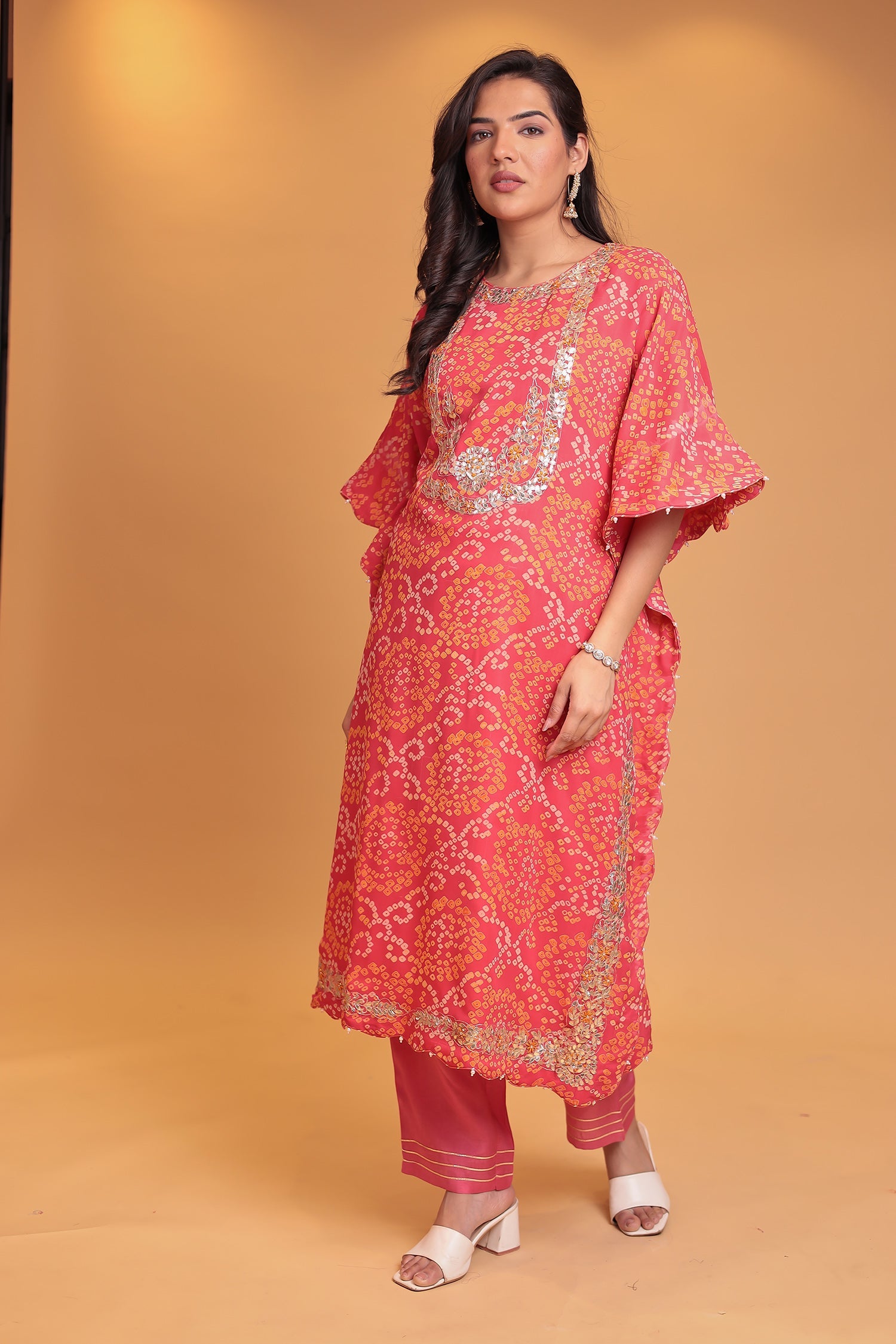 Bandhej Georgette Kaftan Suit with Gota Patti, Thread and Zardozi work