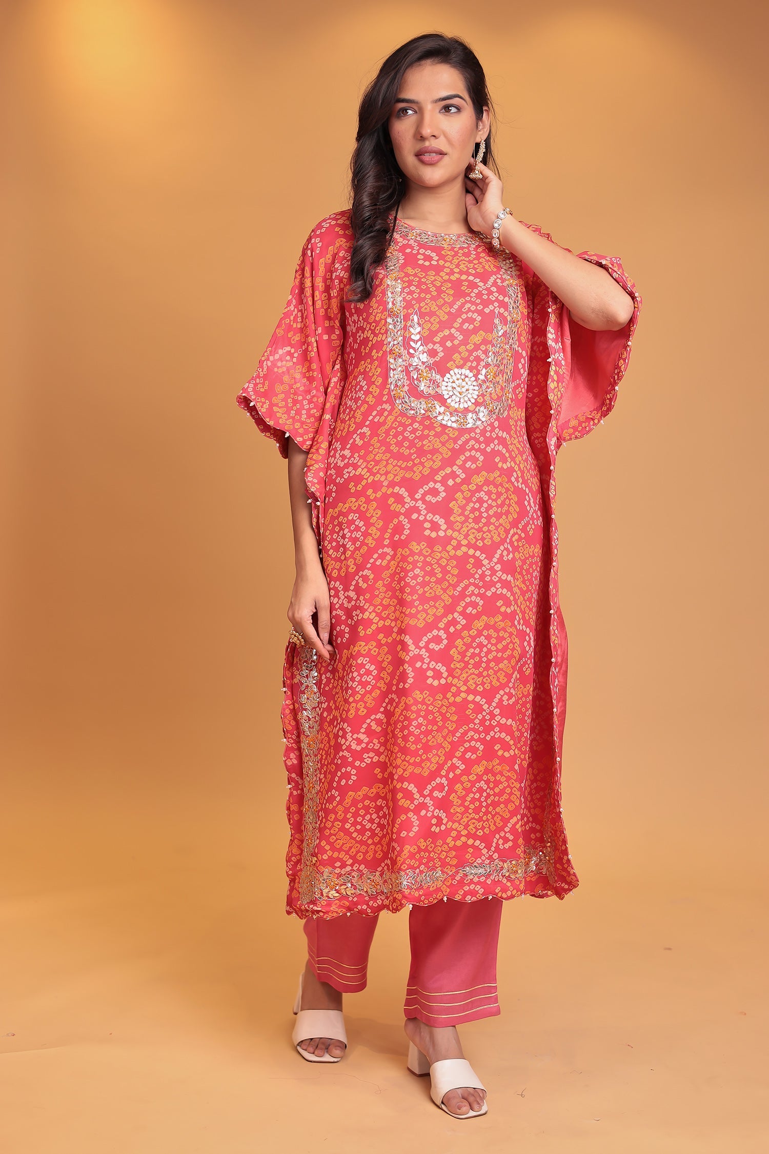 Bandhej Georgette Kaftan Suit with Gota Patti, Thread and Zardozi work