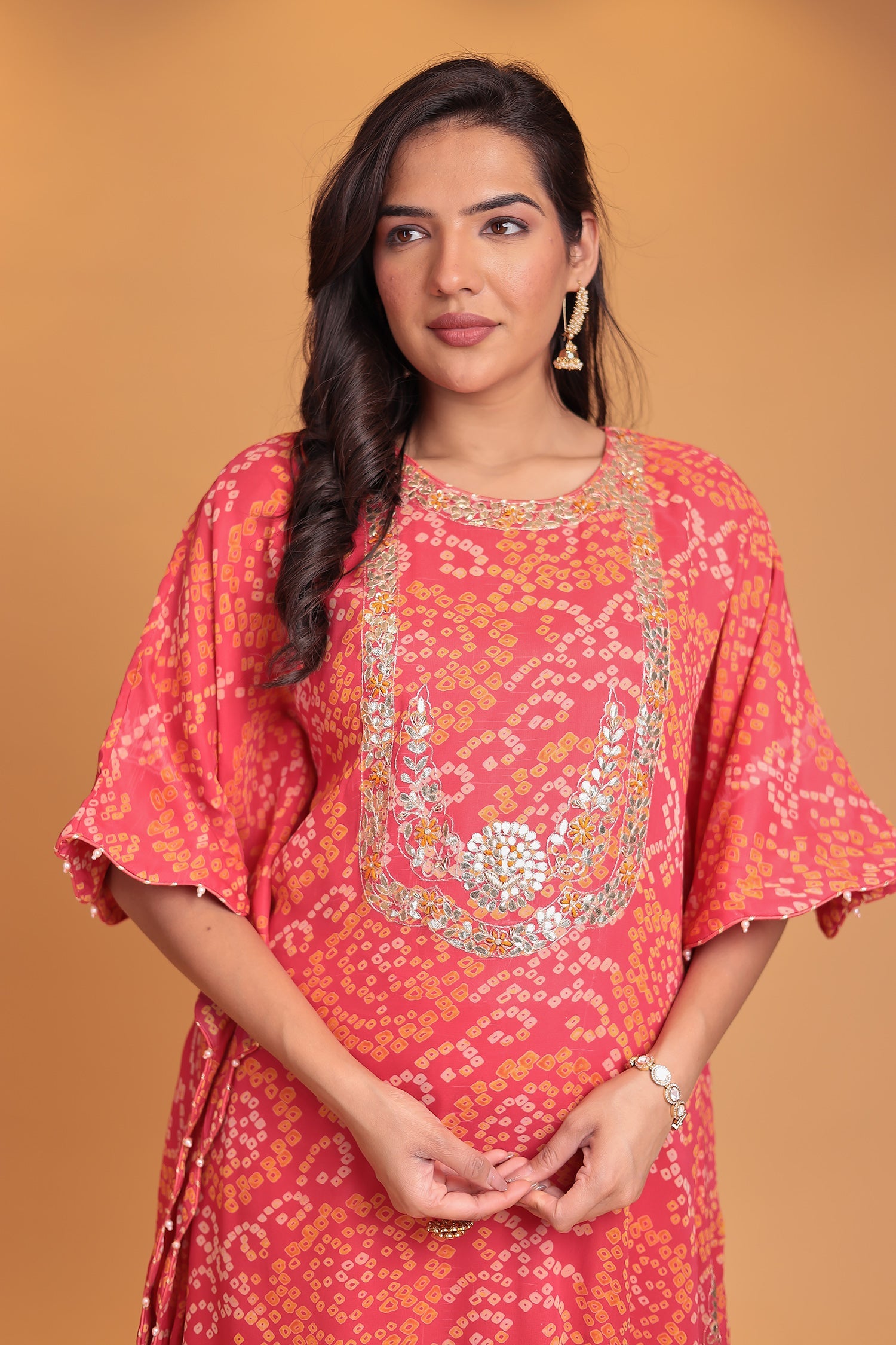 Bandhej Georgette Kaftan Suit with Gota Patti, Thread and Zardozi work