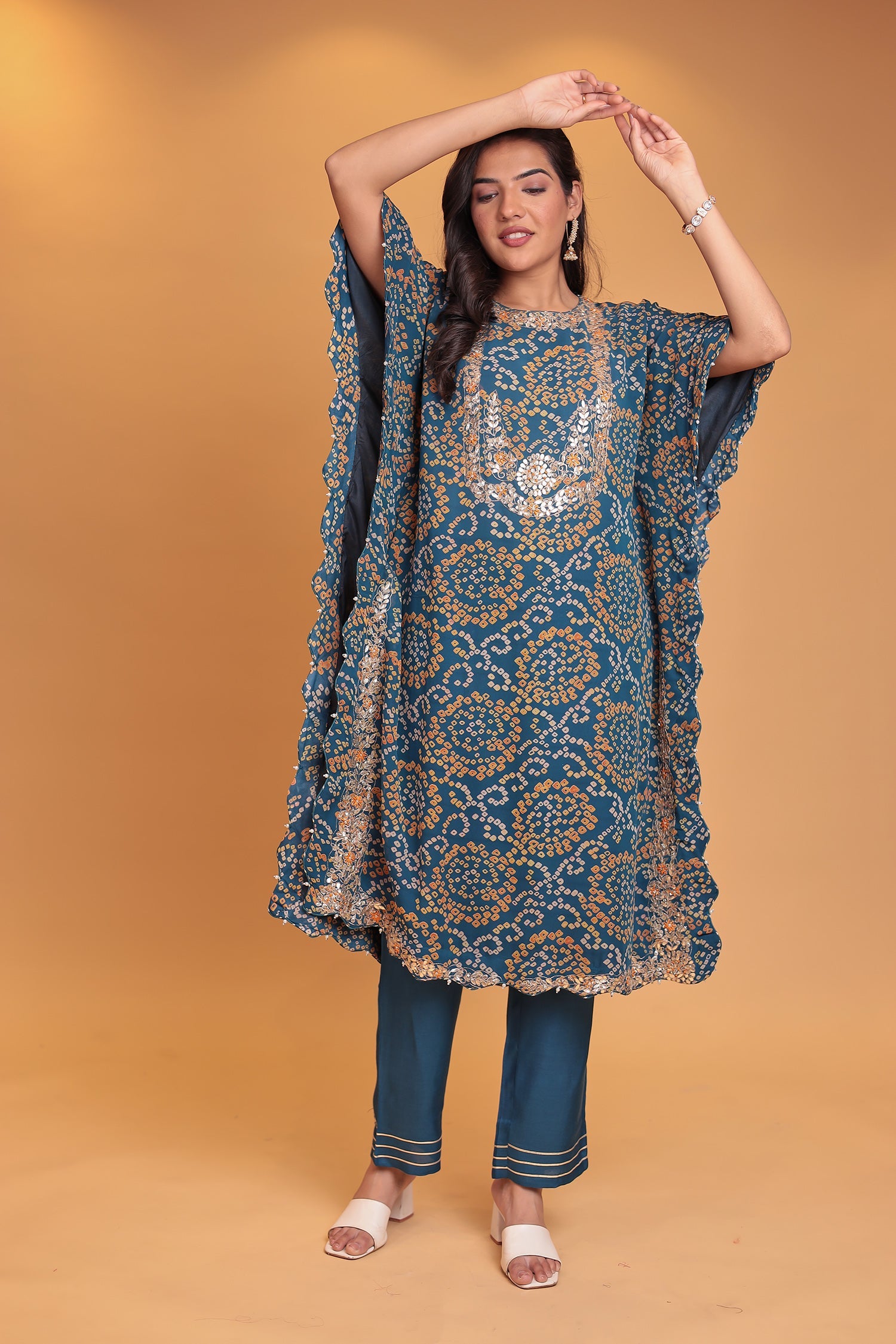 Bandhej Georgette Kaftan Suit with Gota Patti, Thread and Zardozi work