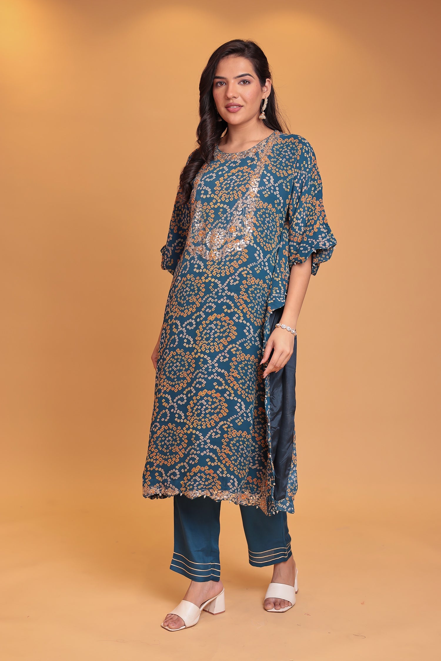 Bandhej Georgette Kaftan Suit with Gota Patti, Thread and Zardozi work