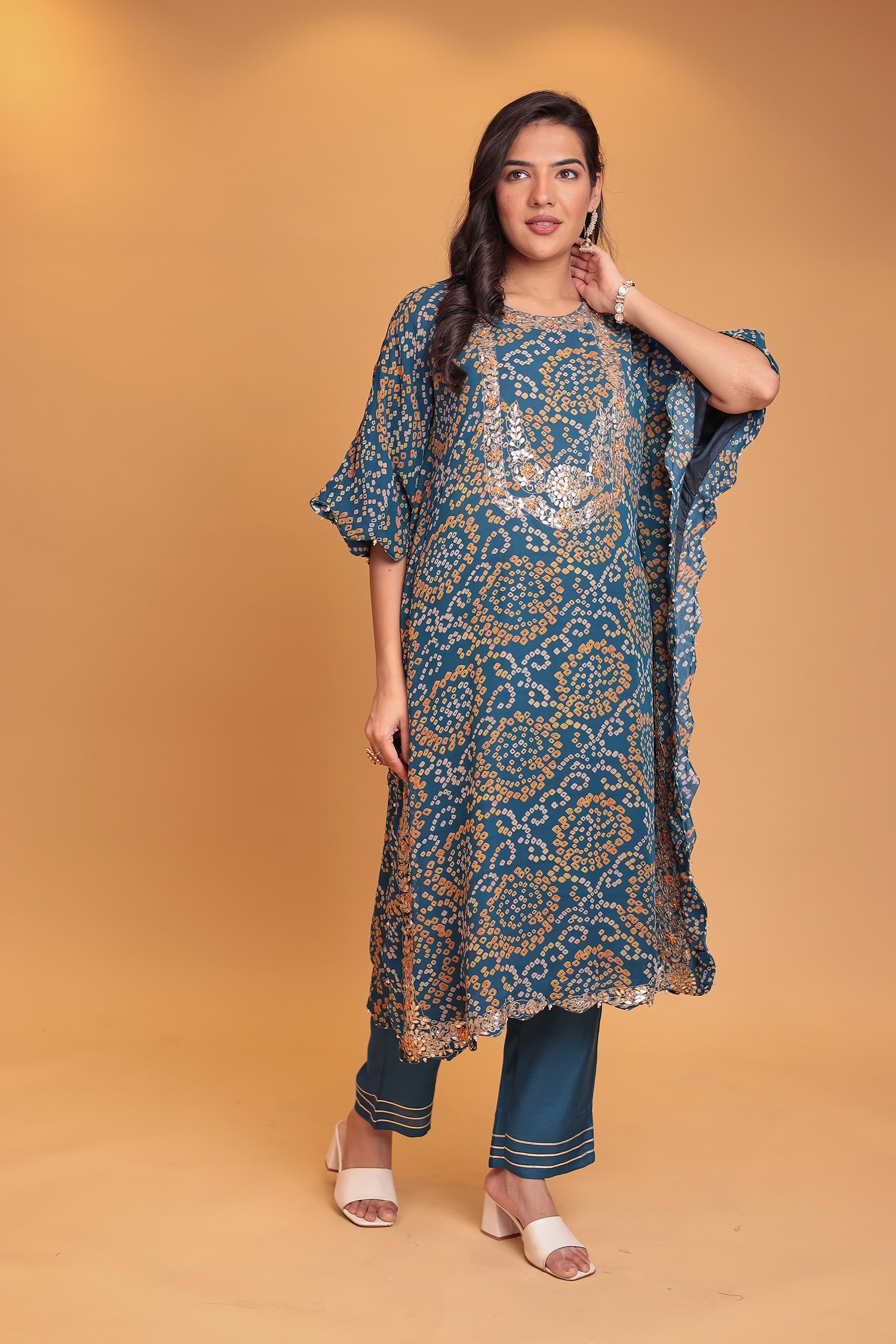 Bandhej Georgette Kaftan Suit with Gota Patti, Thread and Zardozi work