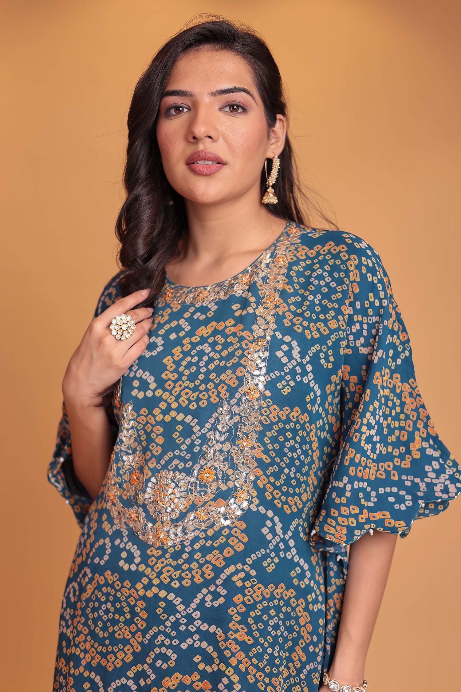 Bandhej Georgette Kaftan Suit with Gota Patti, Thread and Zardozi work