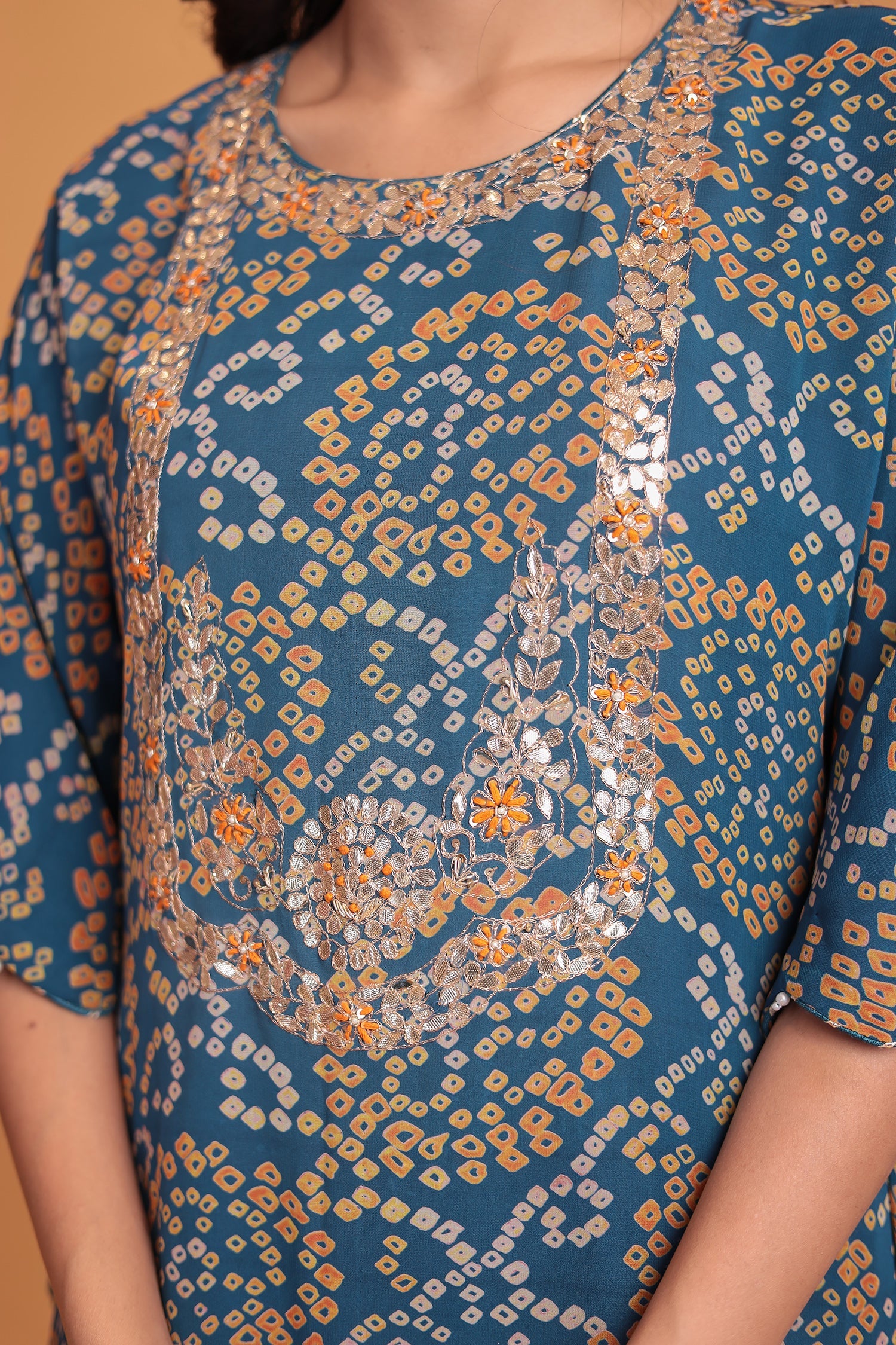 Bandhej Georgette Kaftan Suit with Gota Patti, Thread and Zardozi work