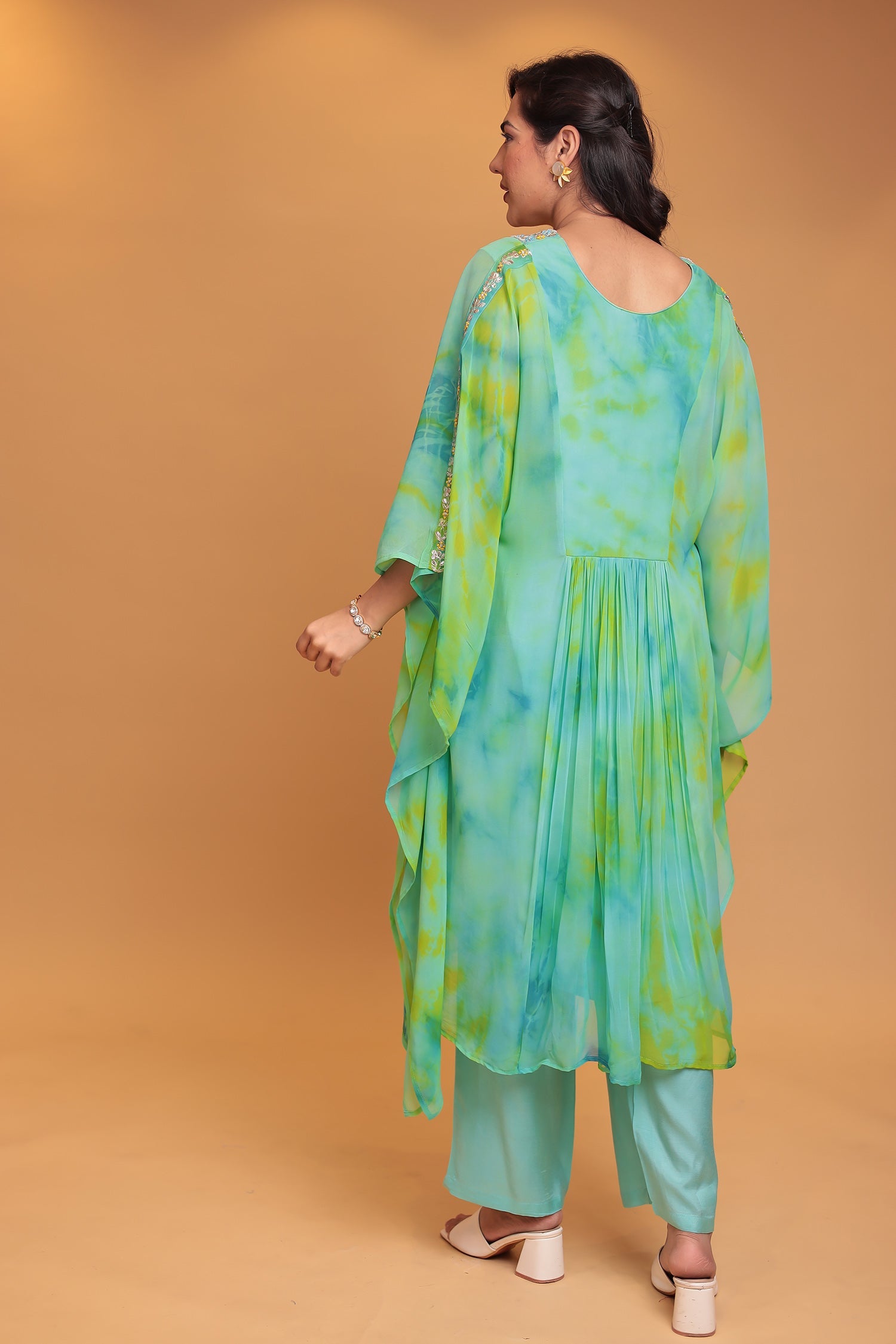 Tie & Dye Kaftan Silk Suit Embroidered with Gota Patti, Thread and Zardozi work