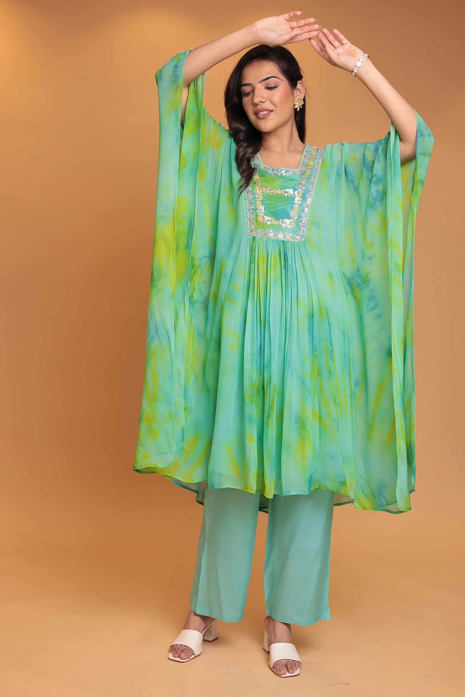 Tie & Dye Kaftan Silk Suit Embroidered with Gota Patti, Thread and Zardozi work