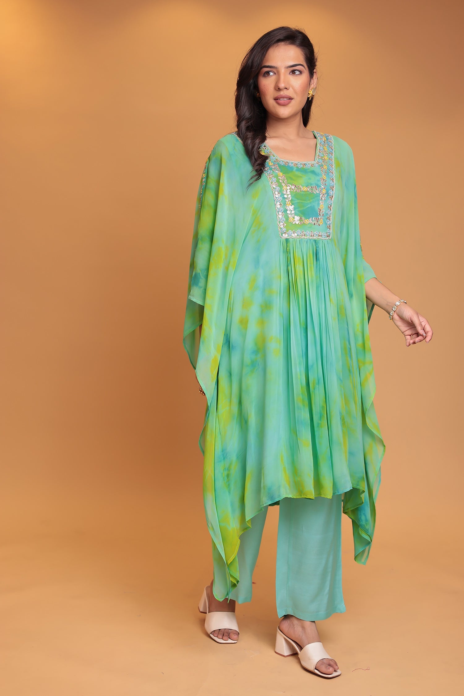 Tie & Dye Kaftan Silk Suit Embroidered with Gota Patti, Thread and Zardozi work