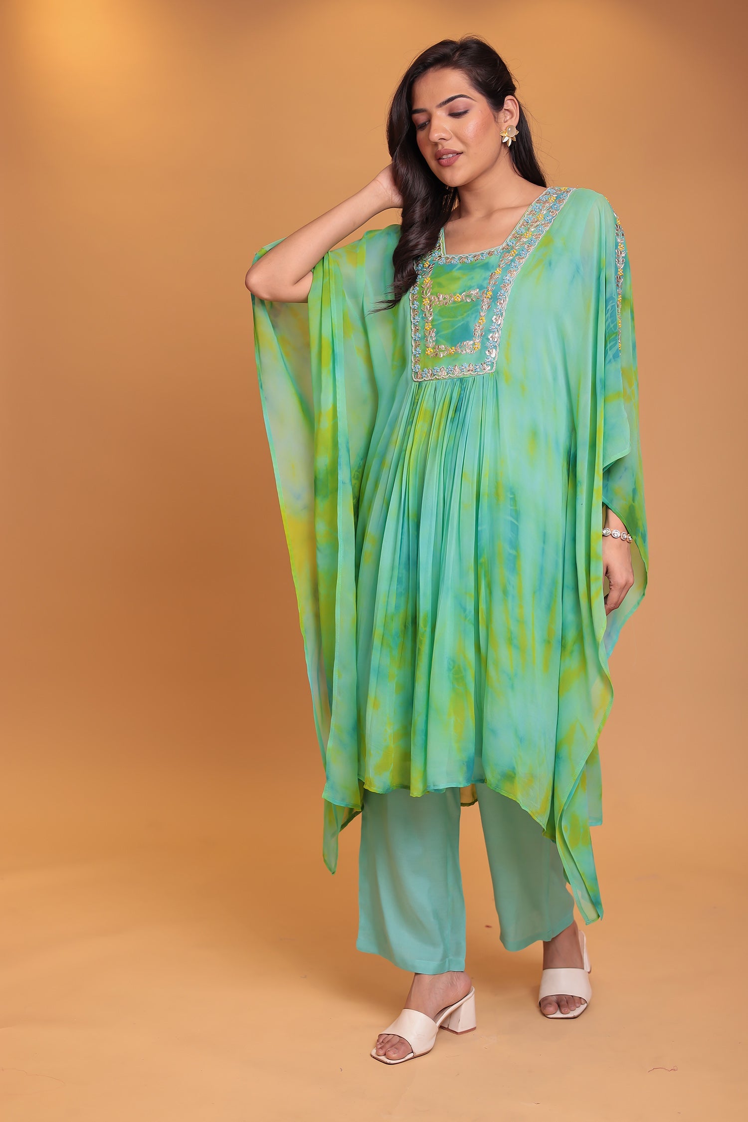 Tie & Dye Kaftan Silk Suit Embroidered with Gota Patti, Thread and Zardozi work
