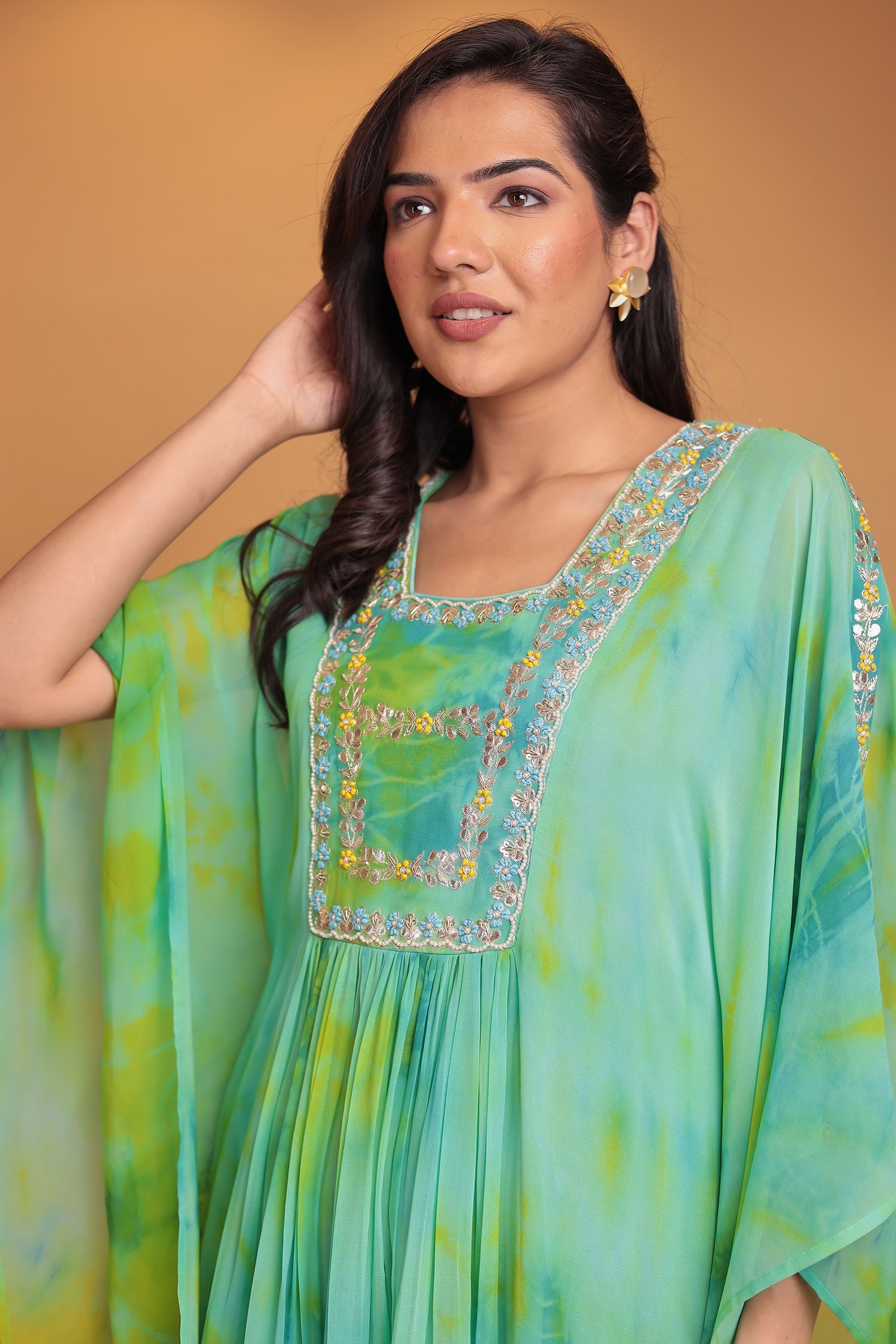 Tie & Dye Kaftan Silk Suit Embroidered with Gota Patti, Thread and Zardozi work