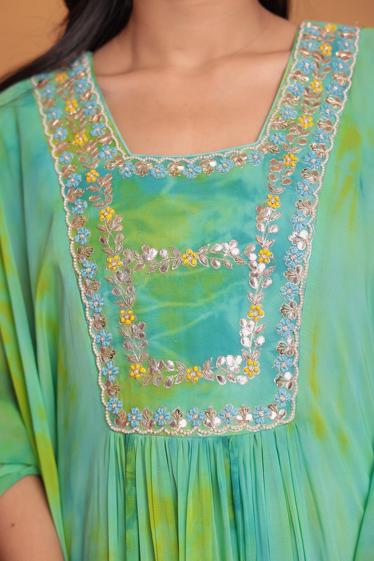 Tie & Dye Kaftan Silk Suit Embroidered with Gota Patti, Thread and Zardozi work