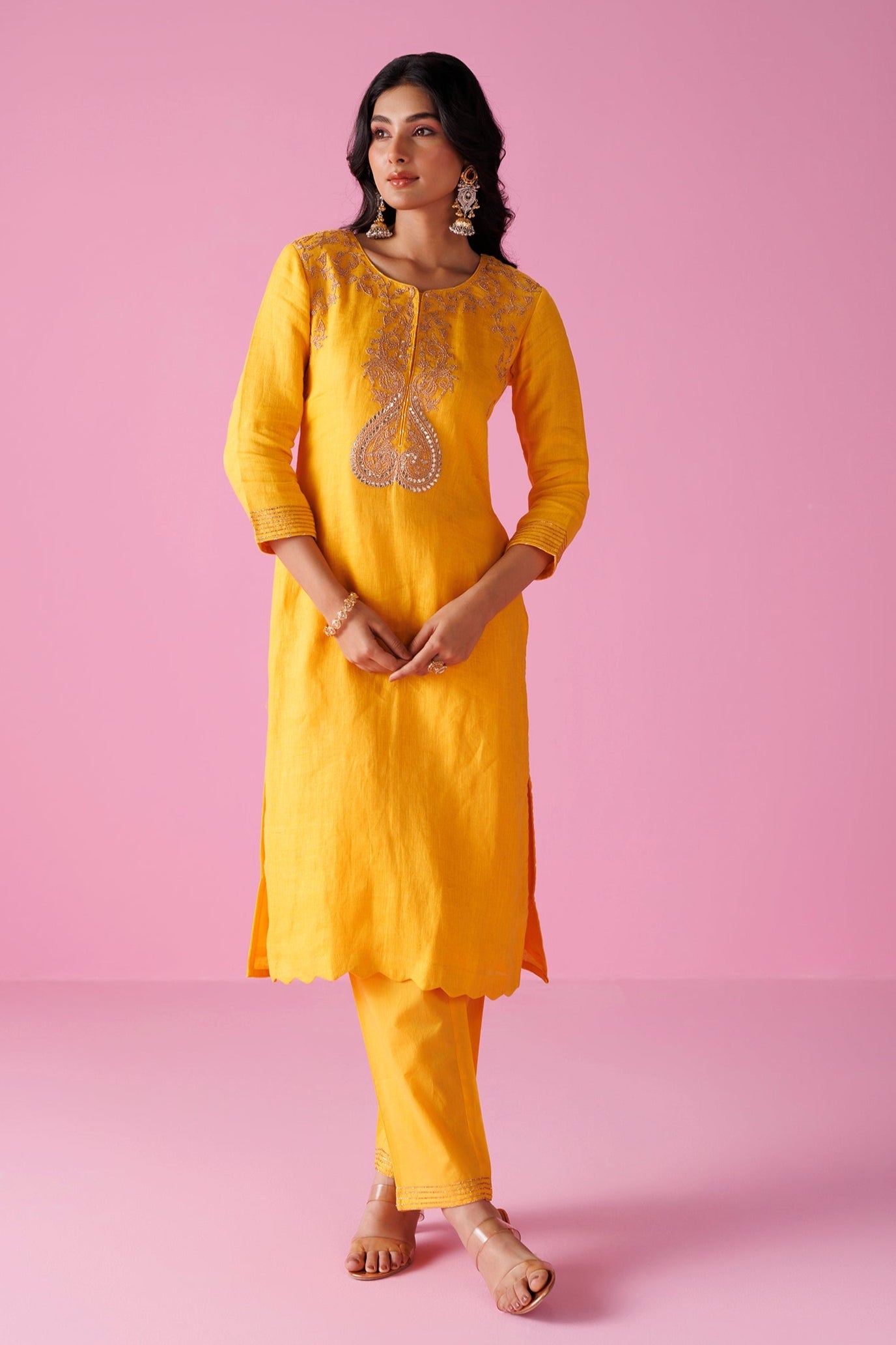 Linen Suit Stitched with Dori and Gota Patti work