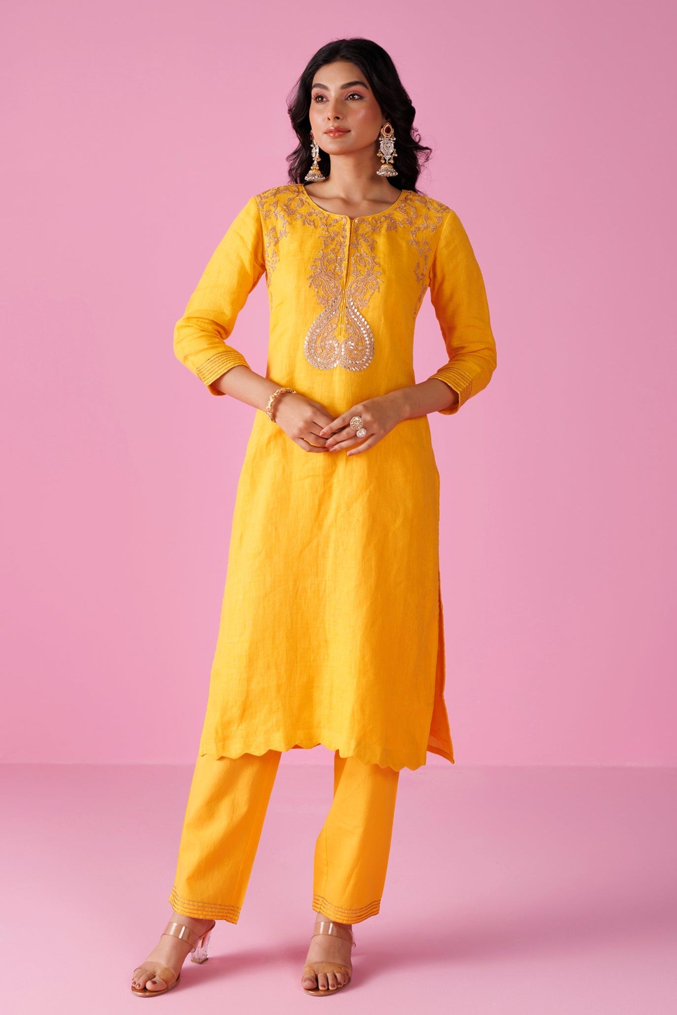 Linen Suit Stitched with Dori and Gota Patti work