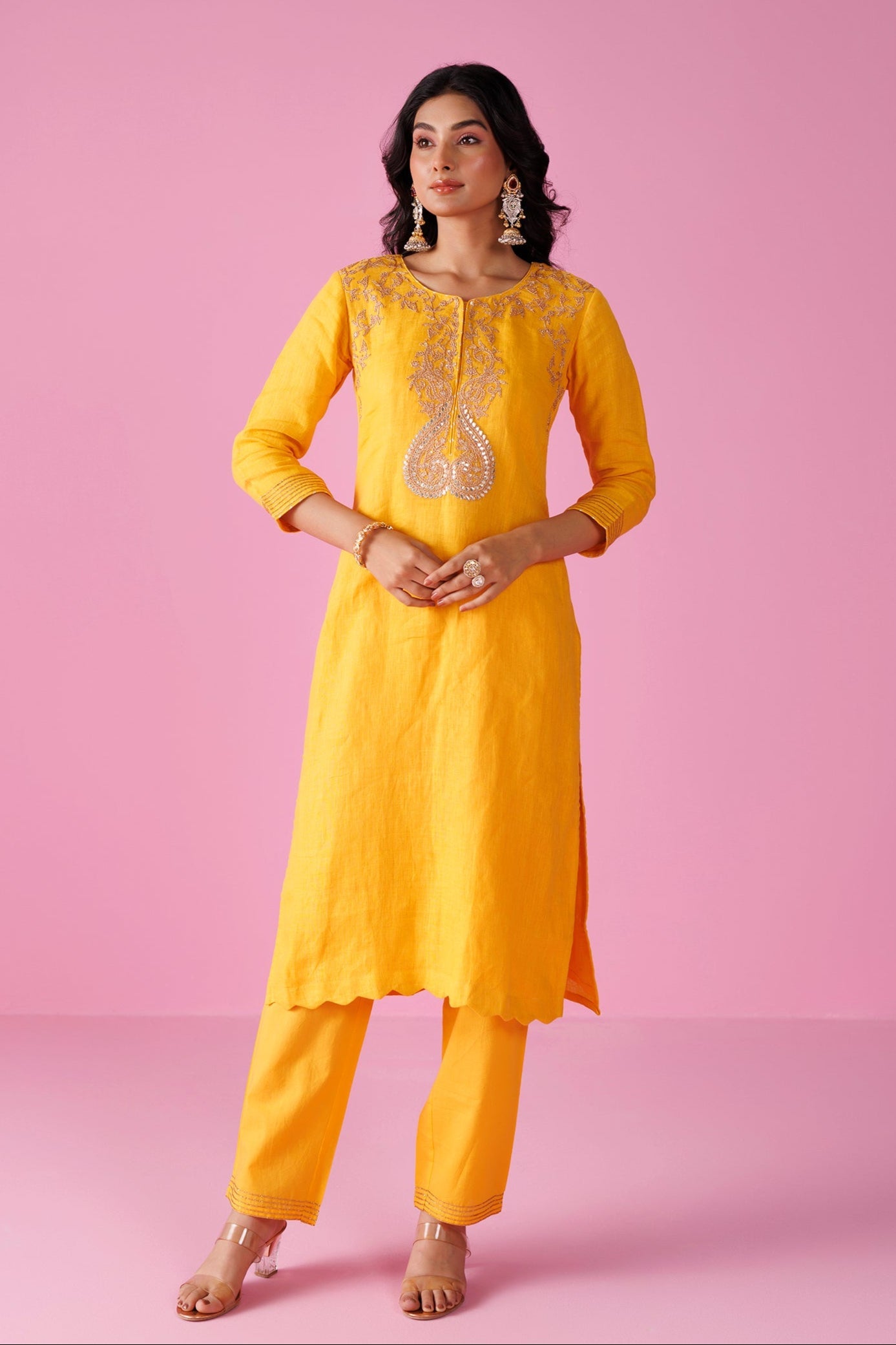 Linen Suit Stitched with Dori and Gota Patti work