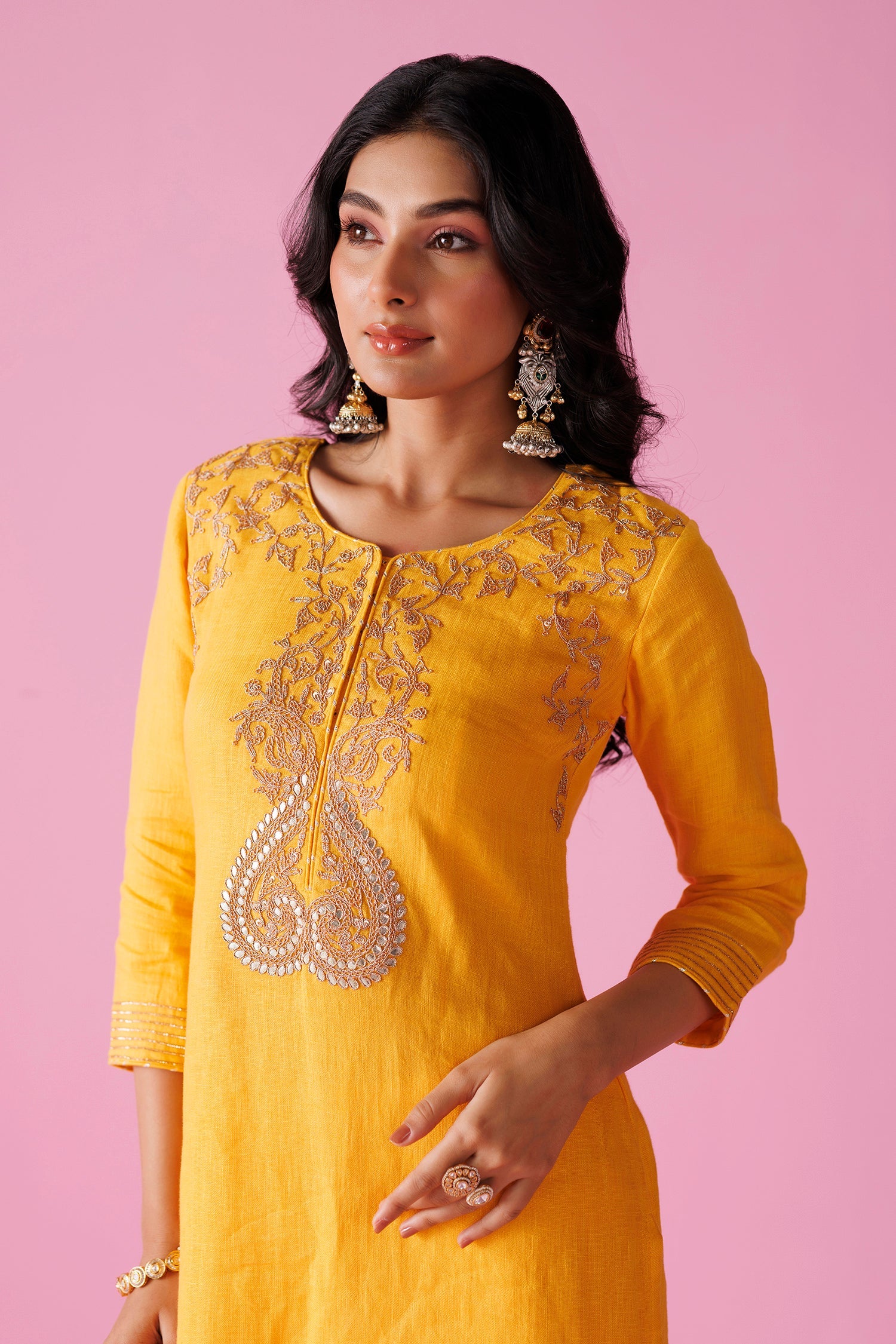 Linen Suit Stitched with Dori and Gota Patti work