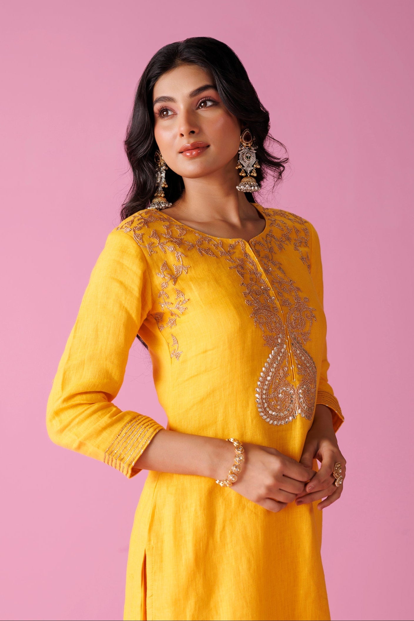 Linen Suit Stitched with Dori and Gota Patti work