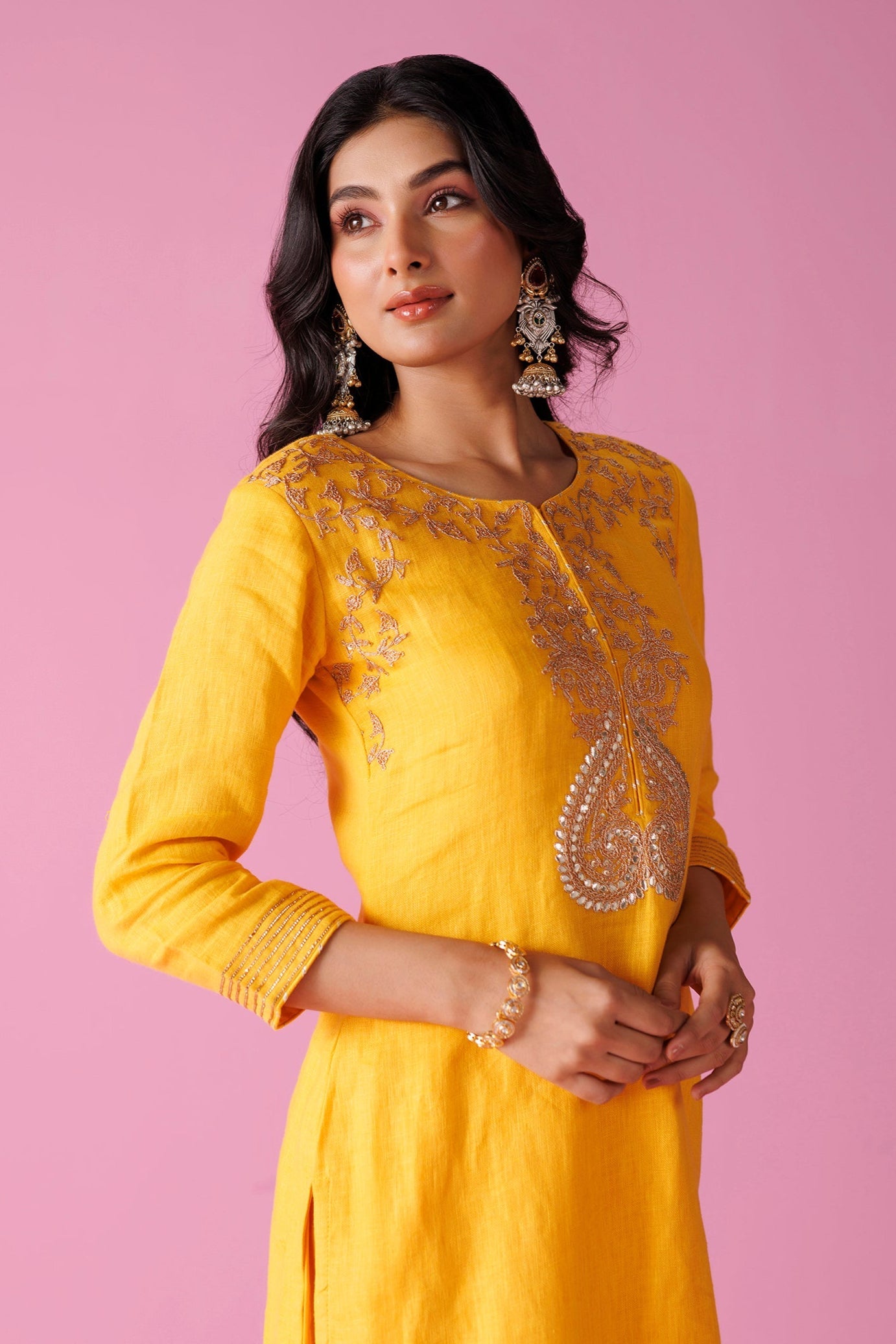 Linen Suit Stitched with Dori and Gota Patti work