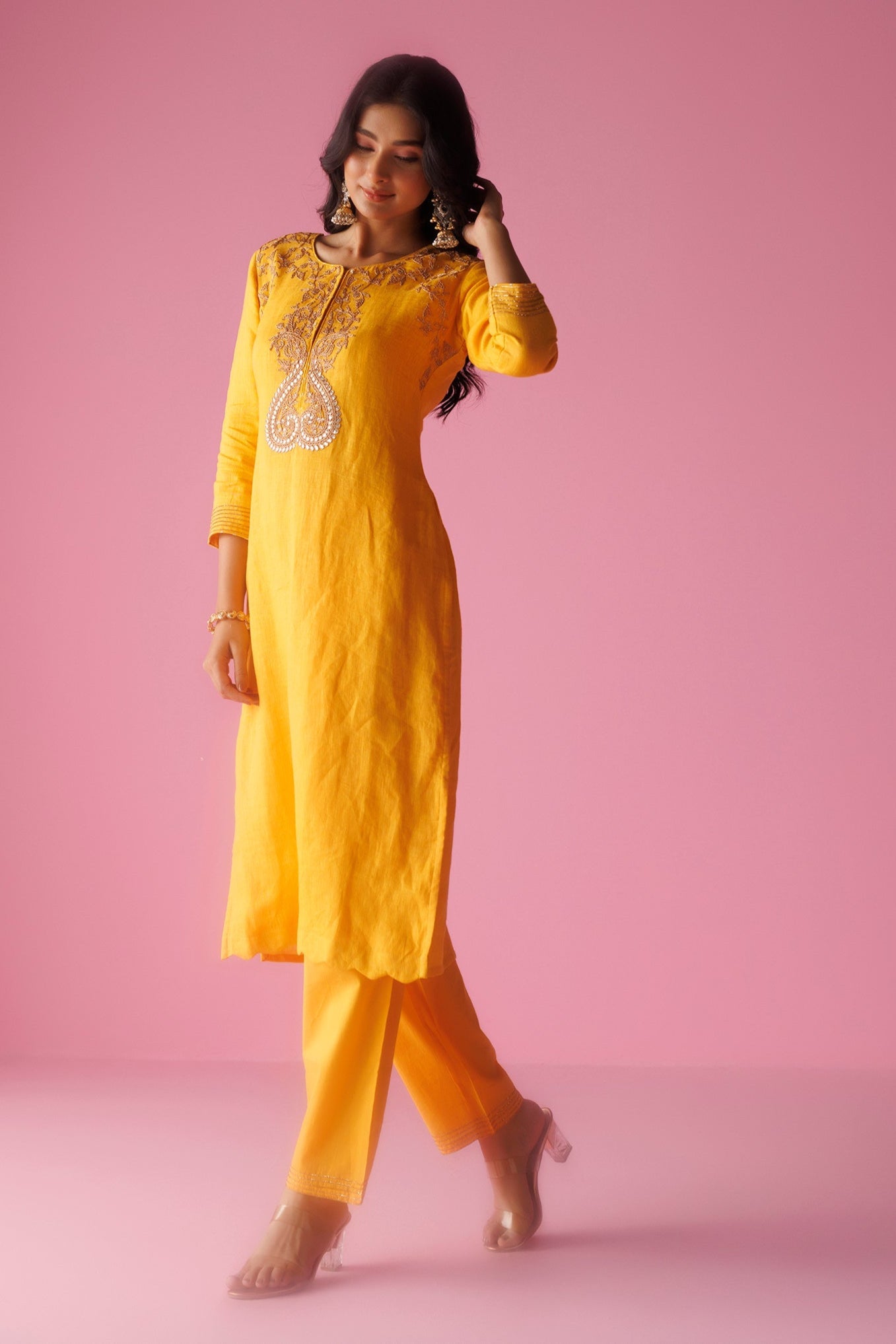 Linen Suit Stitched with Dori and Gota Patti work