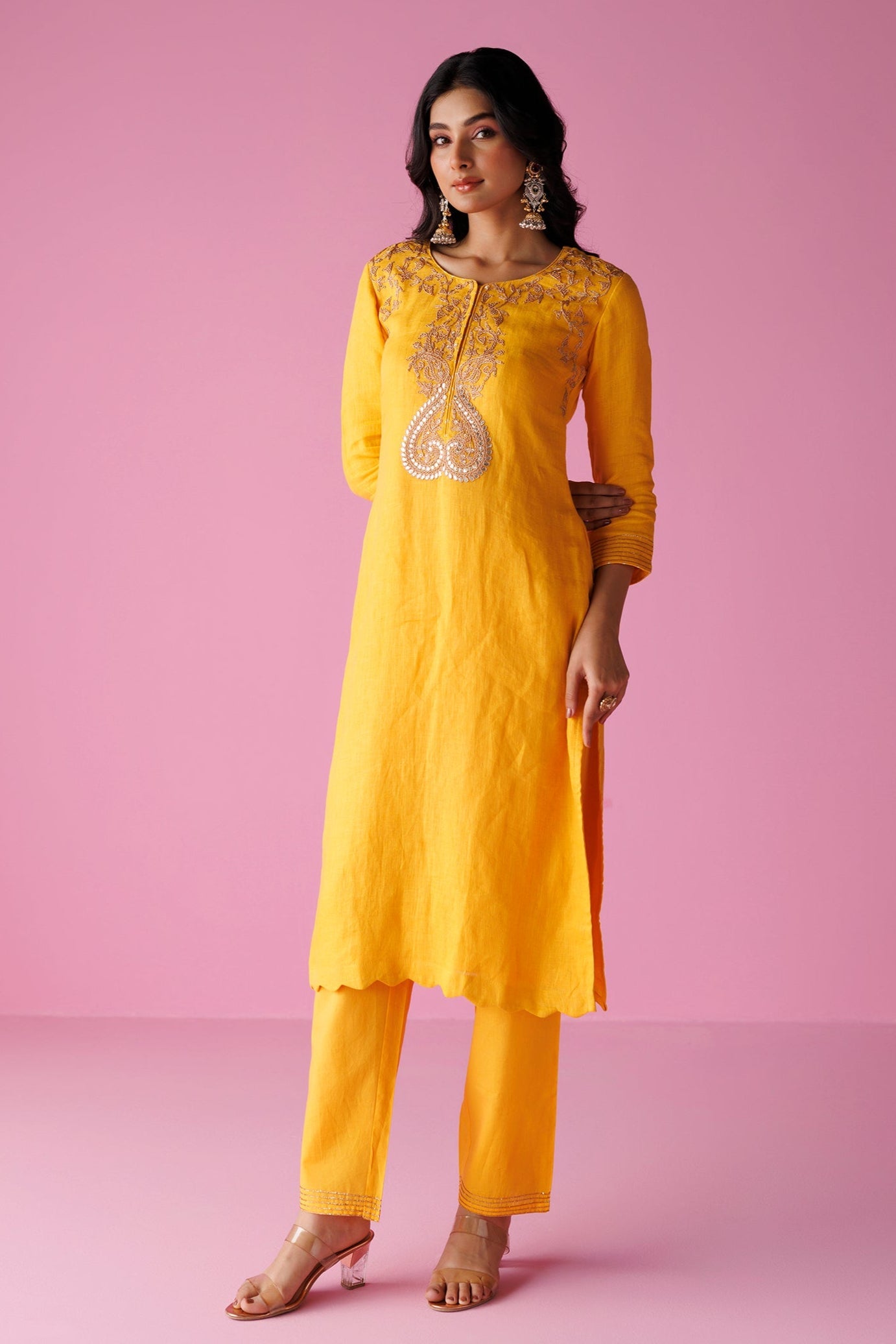 Linen Suit Stitched with Dori and Gota Patti work