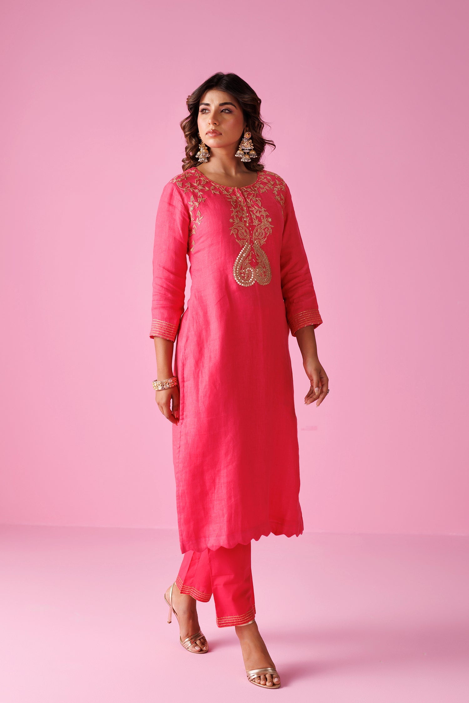 Linen Suit Stitched with Dori and Gota Patti work