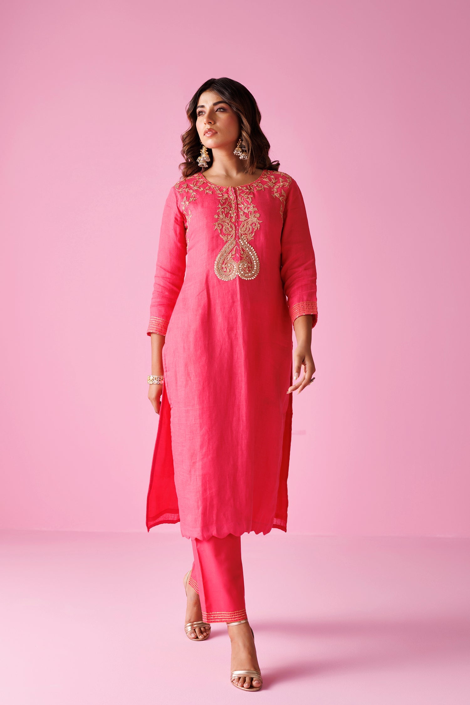 Linen Suit Stitched with Dori and Gota Patti work