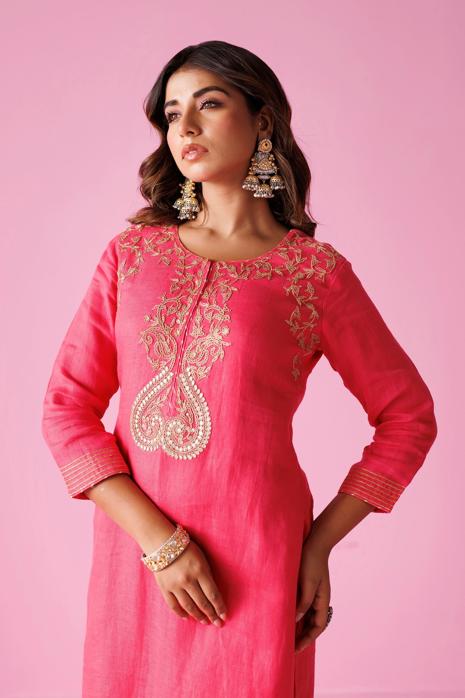 Linen Suit Stitched with Dori and Gota Patti work