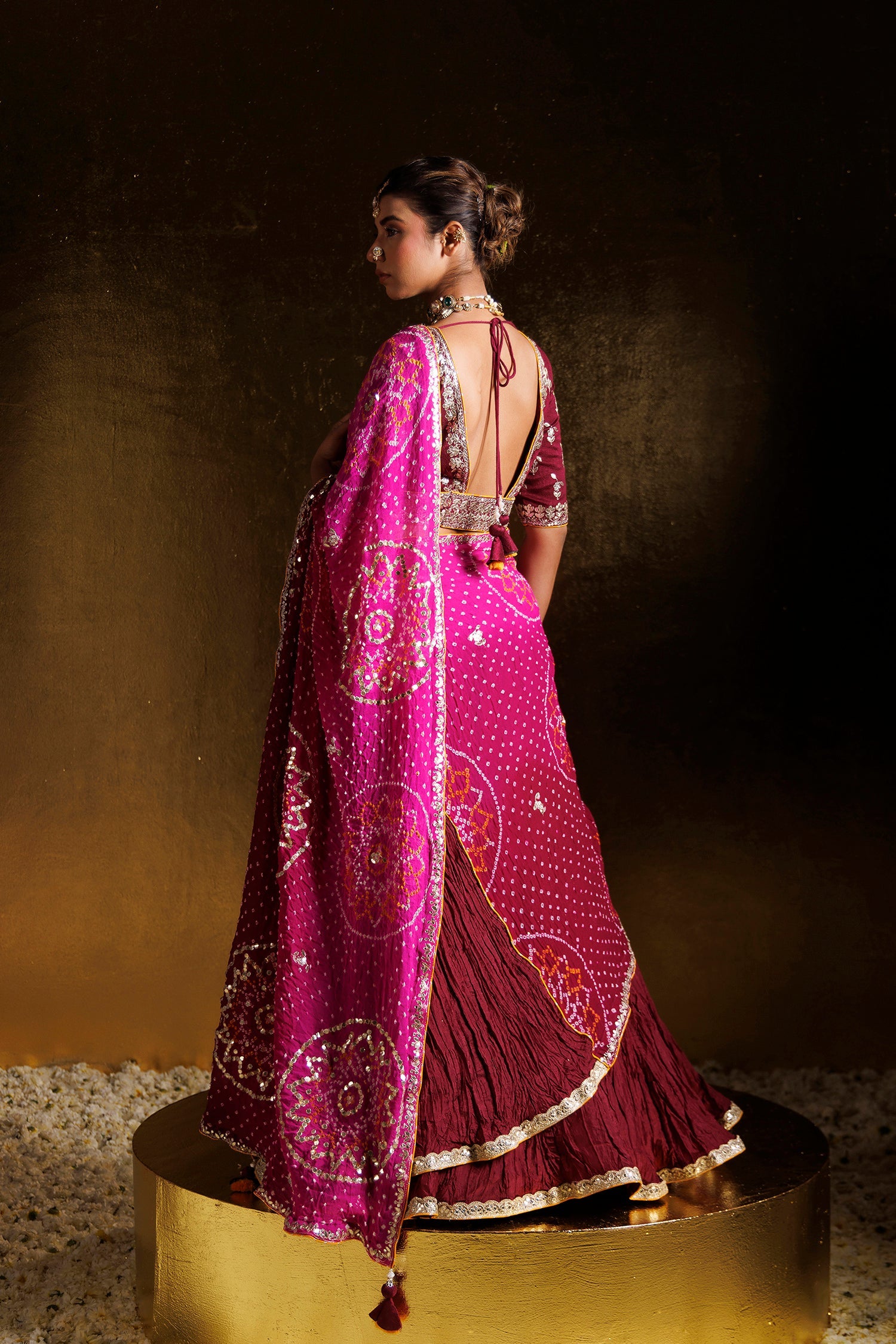 Bandhej Crushed Silk Lehenga with Aari and Gota Patti work