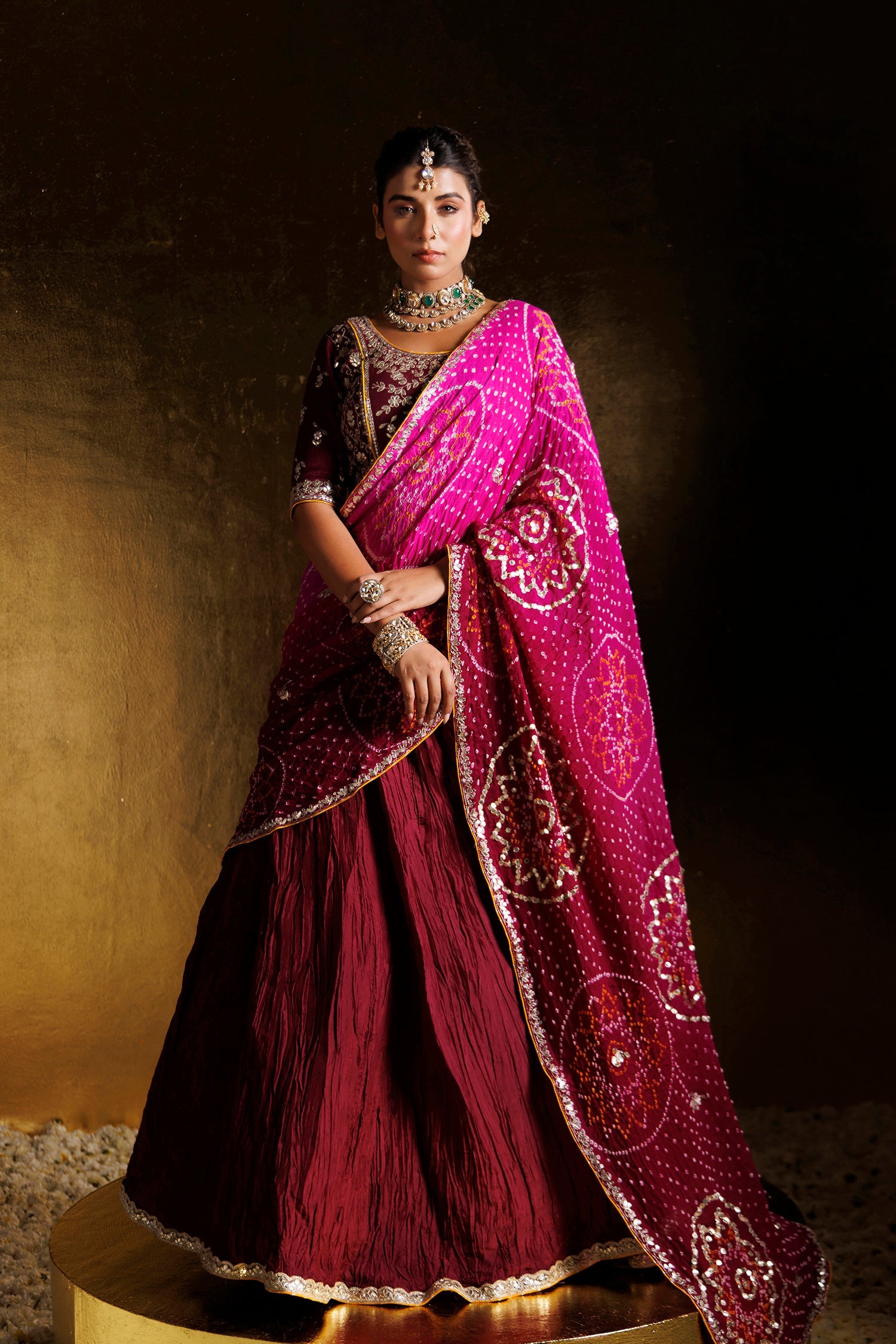 Bandhej Crushed Silk Lehenga with Aari and Gota Patti work