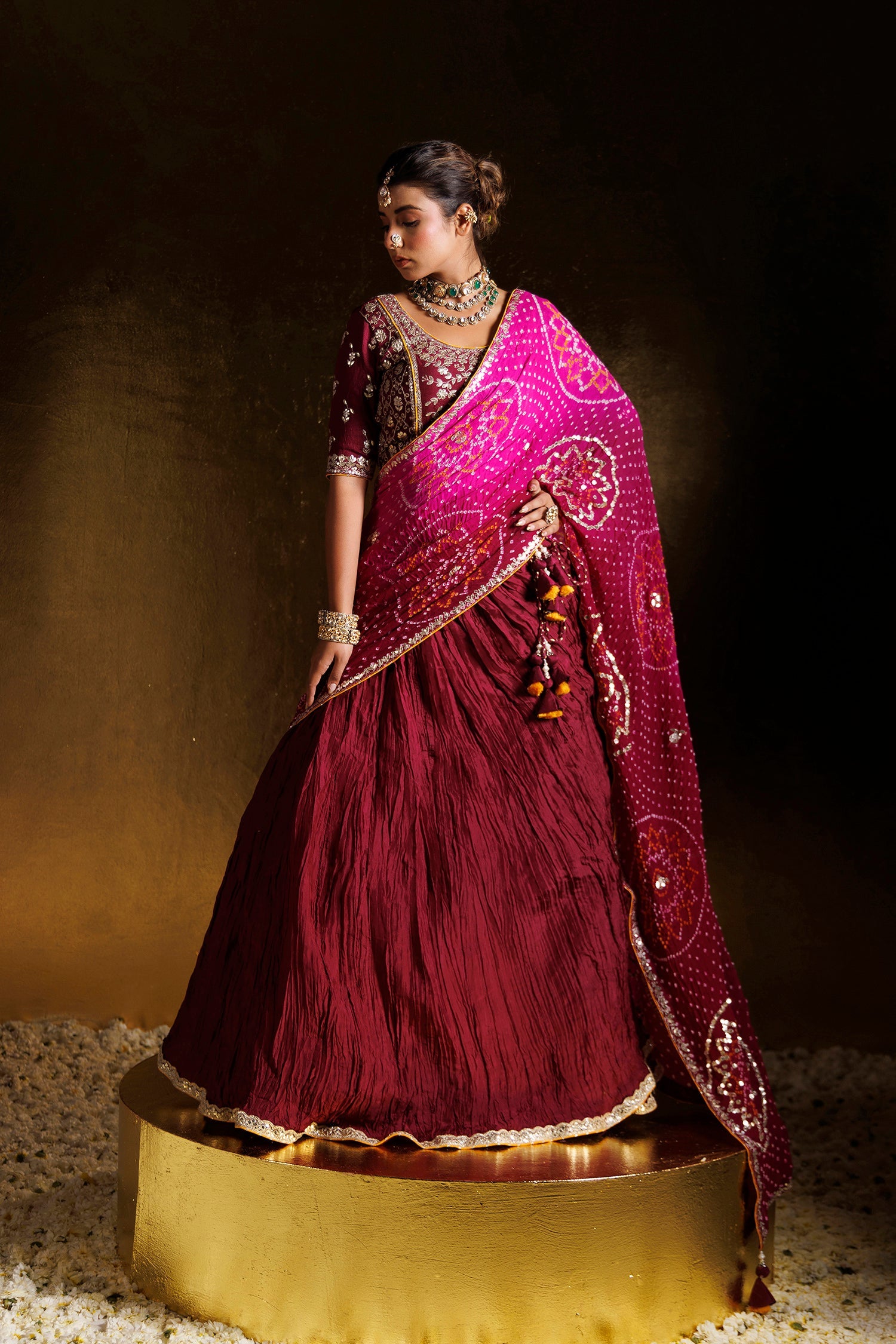 Bandhej Crushed Silk Lehenga with Aari and Gota Patti work