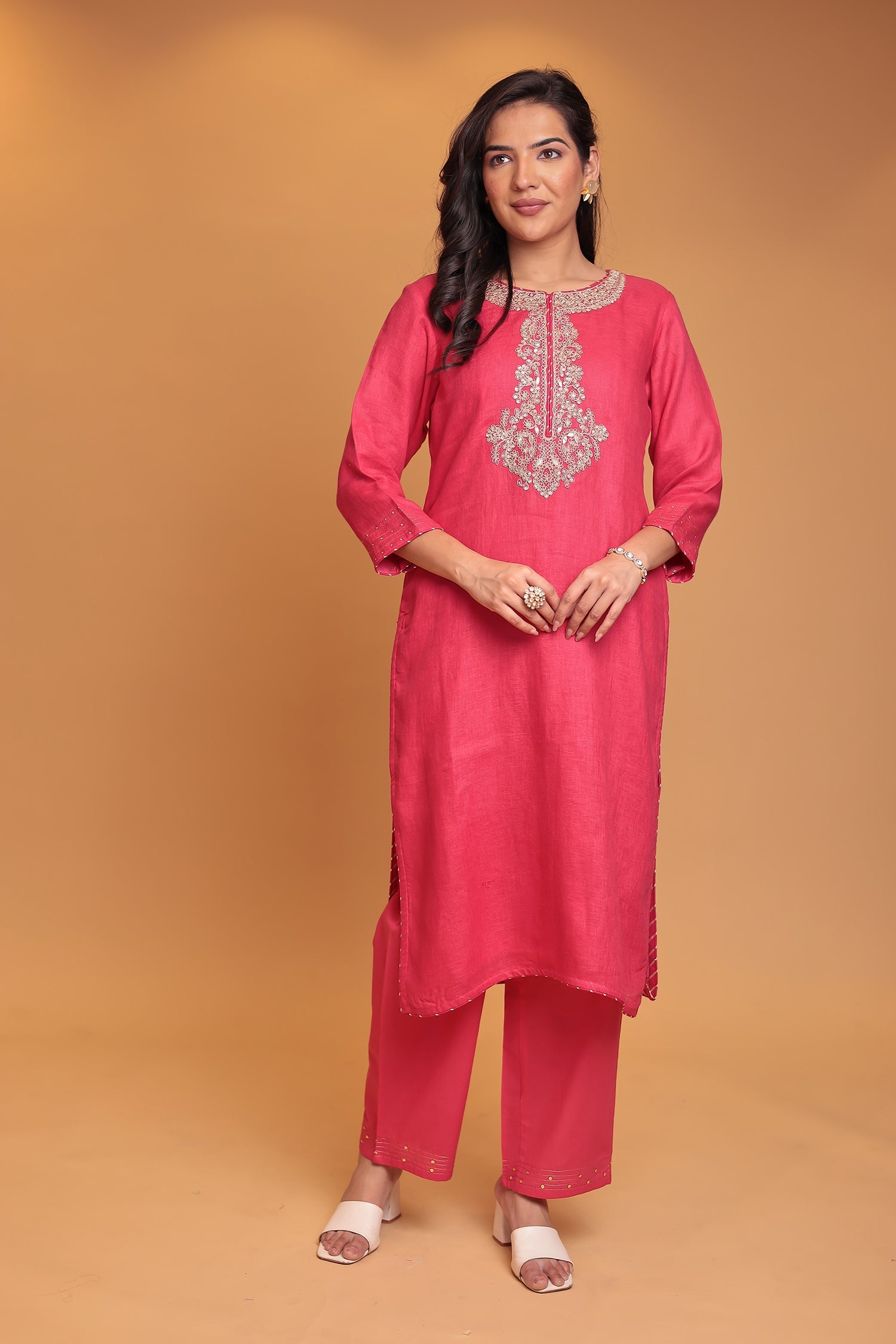 Linen Suit Stitched with Dori and Gota Patti work