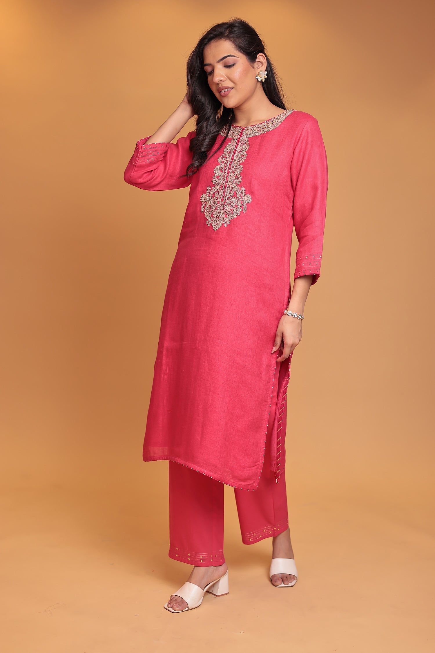 Linen Suit Stitched with Dori and Gota Patti work